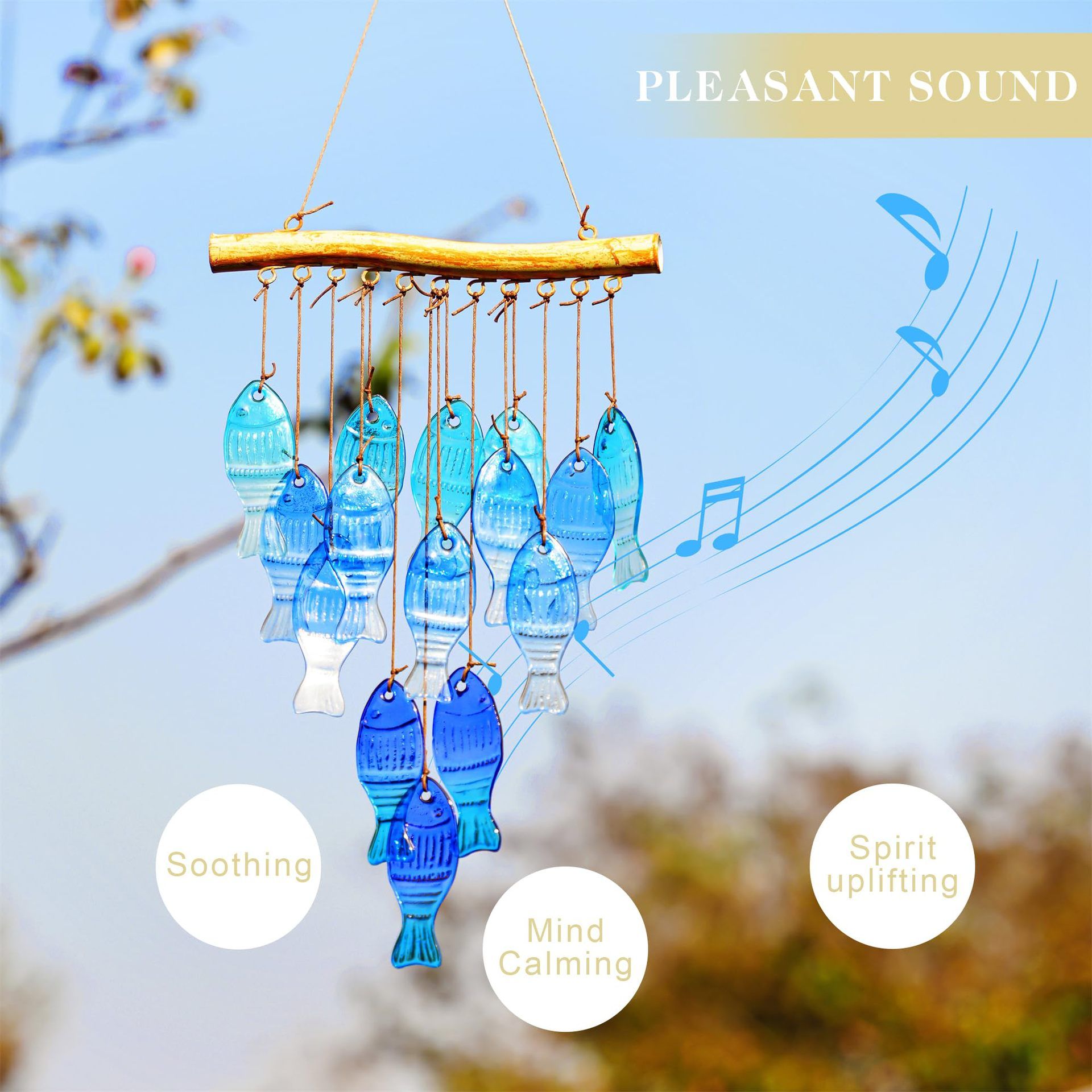 23" Blue Glass Sea Wind Chimes - Handcrafted Fish Wind Chimes for Outside view 3