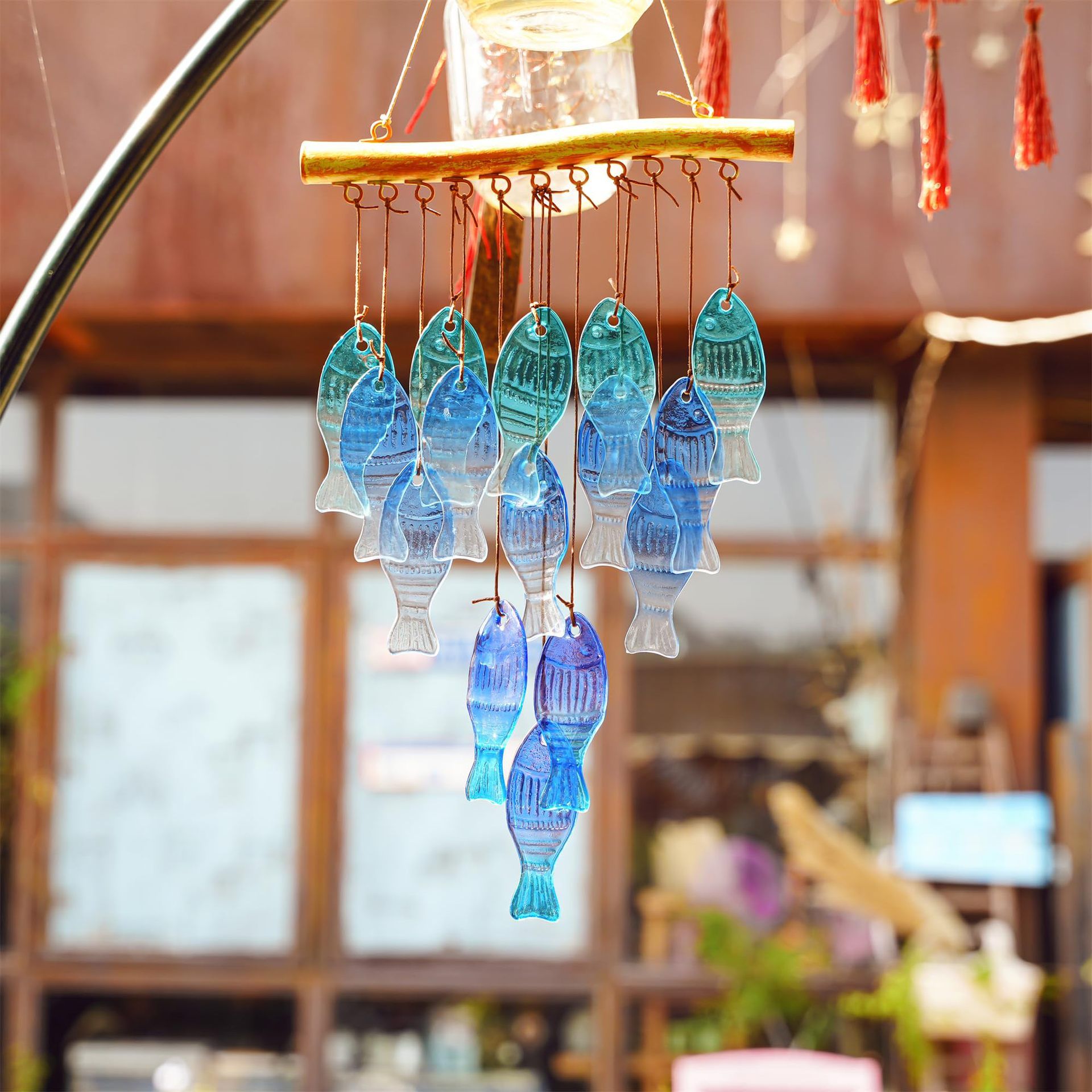 23" Blue Glass Sea Wind Chimes - Handcrafted Fish Wind Chimes for Outside view 4