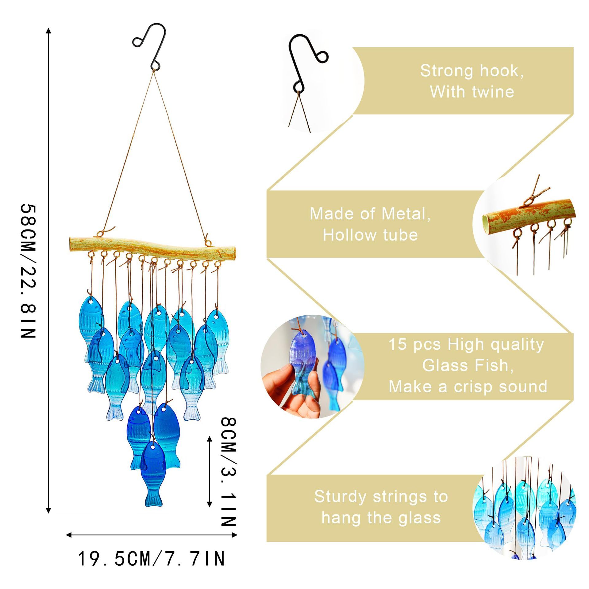 23" Blue Glass Sea Wind Chimes - Handcrafted Fish Wind Chimes for Outside view 5
