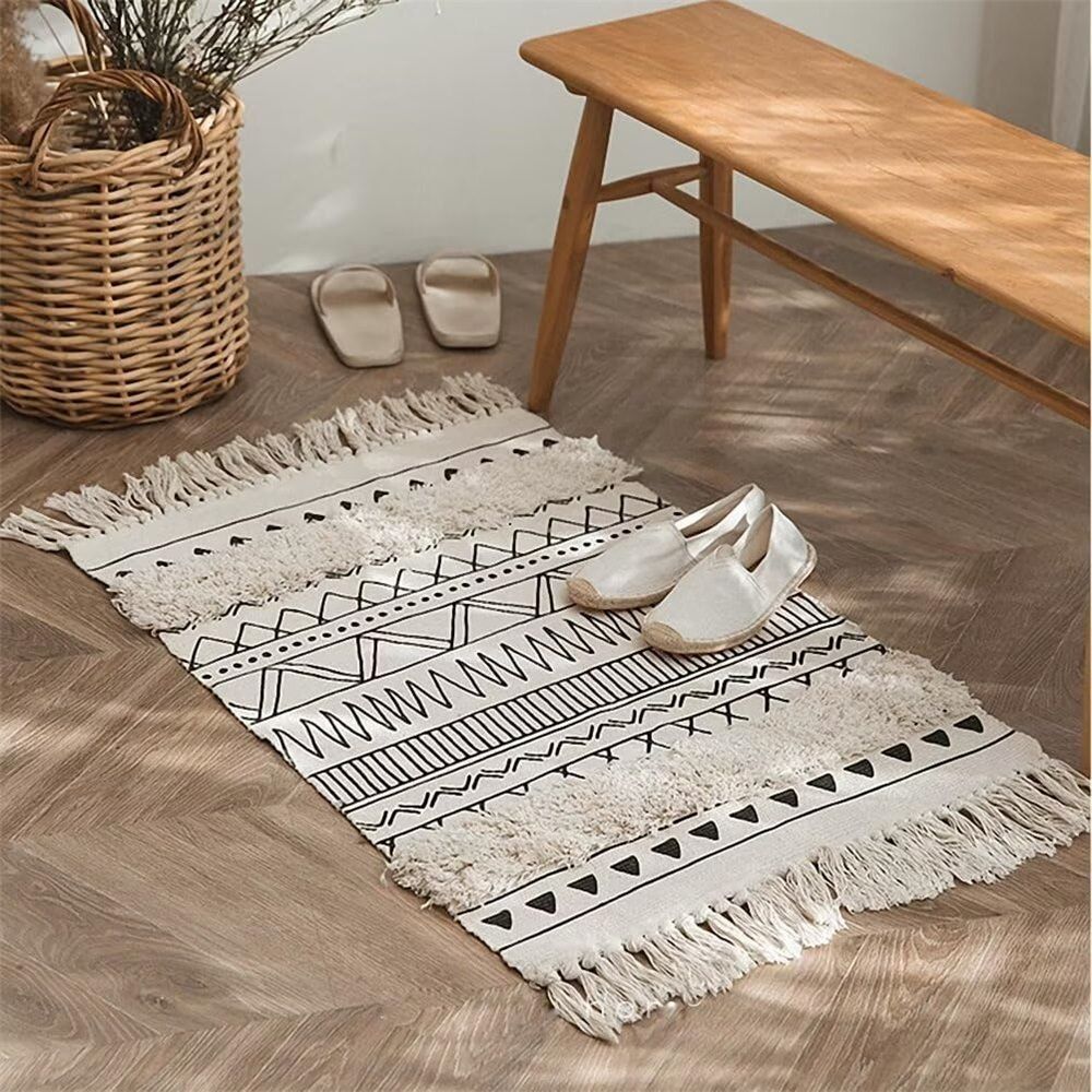 Bohemian Rugs- Cotton Braided Black and White Rug Decorative Hand Woven Front — image 1