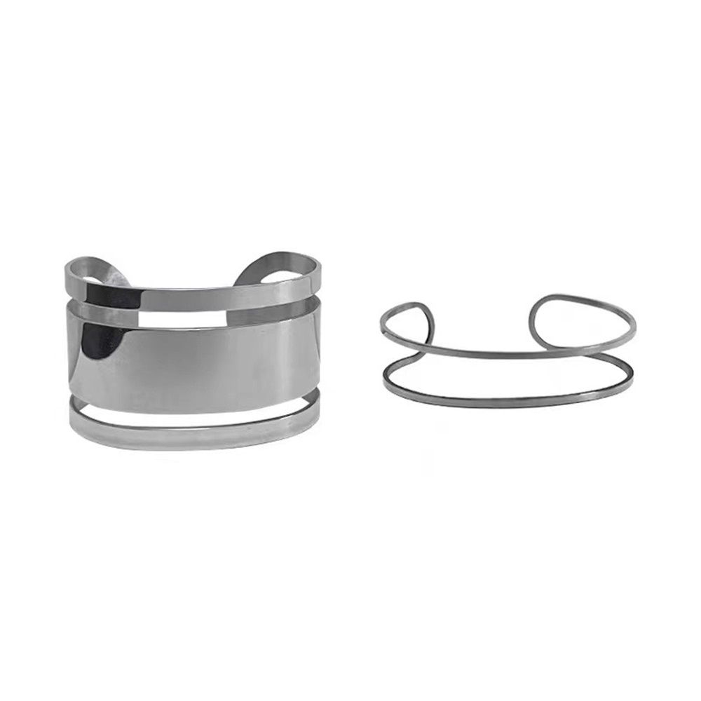 2 set Punk Titanium Steel Hollow Geometric Smooth Polished Gold Hoop Open Cuff