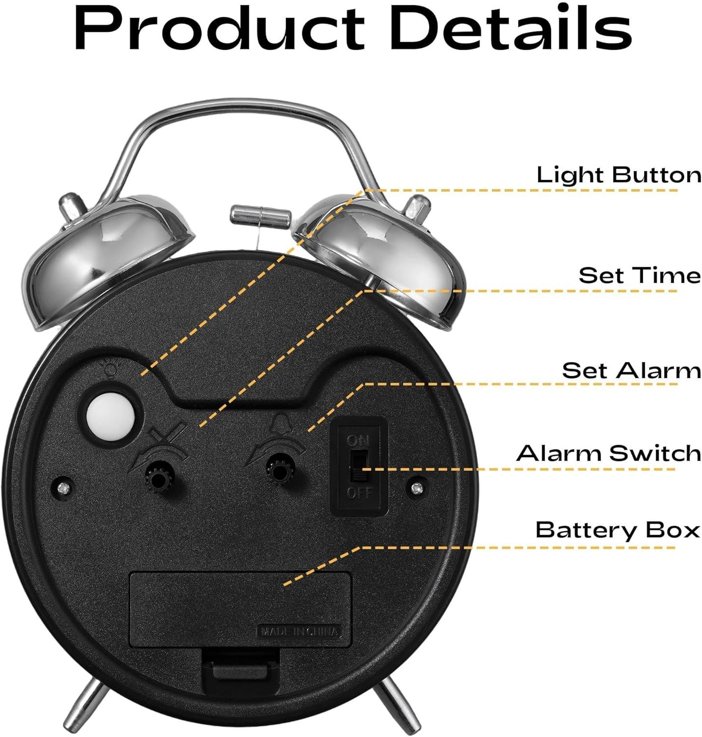 4 inches Twin Bell Loud Alarm Clock for Heavy Sleepers (Chrome Finish) view 3
