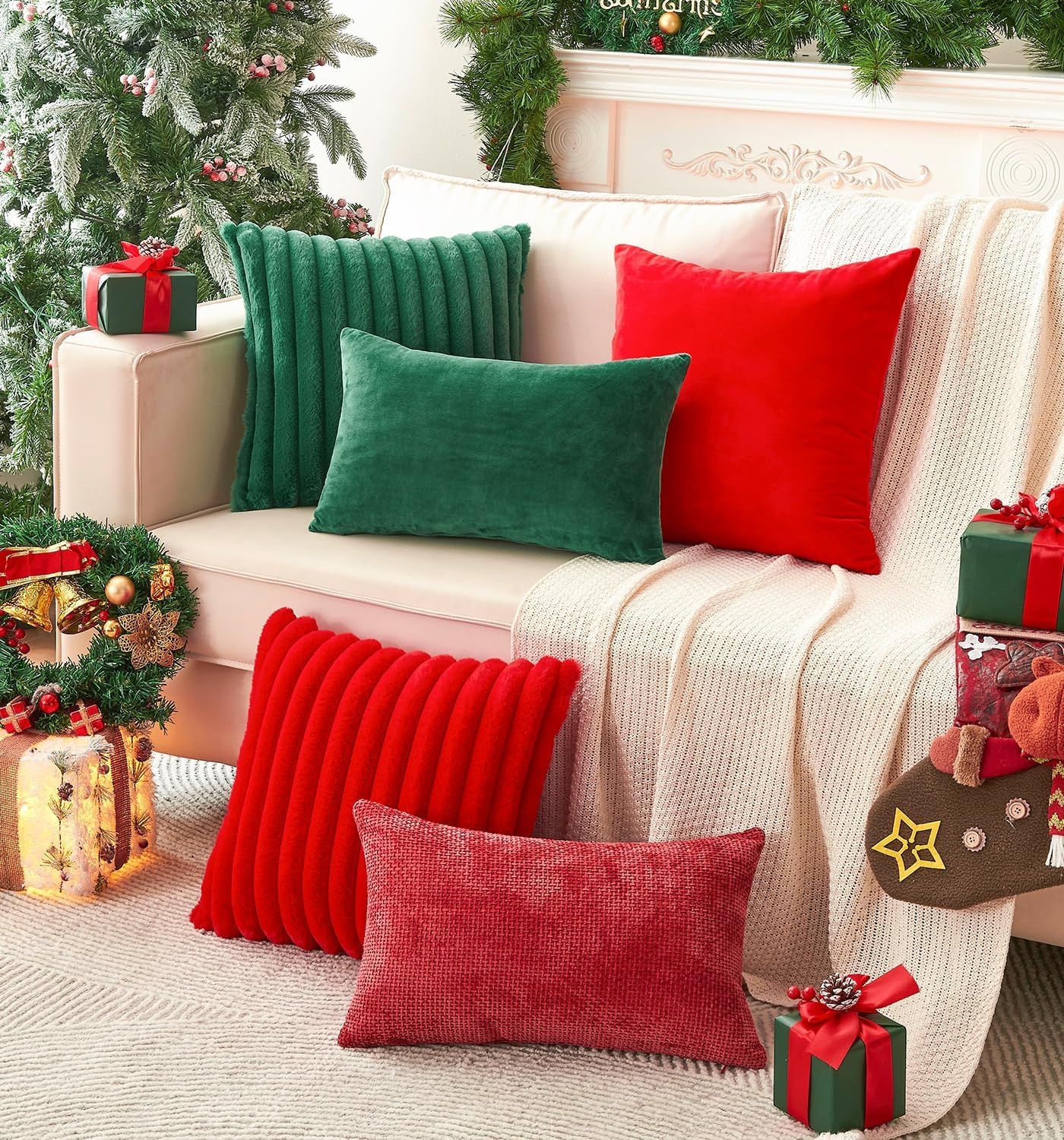 Pack of 2 Christmas Green Pillow Covers 18x18 Inch Decorative Faux Fur Emerald view 2