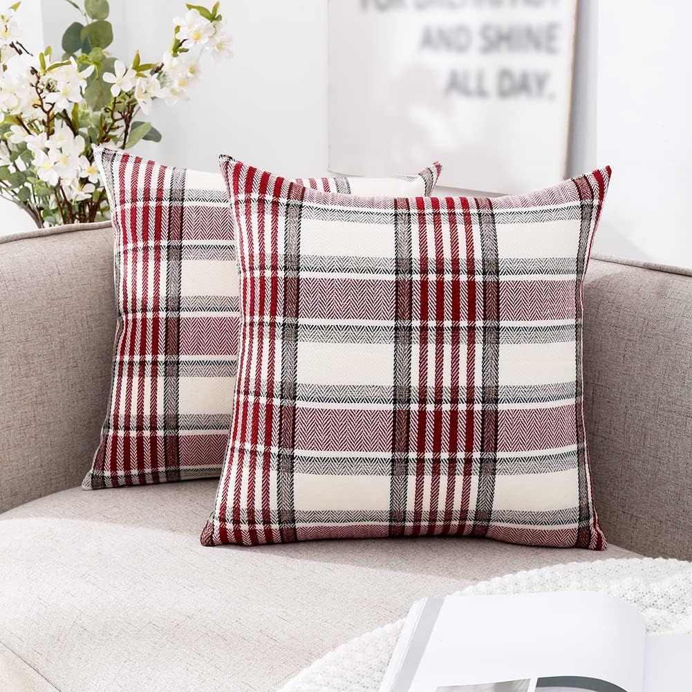 Red Christmas Tartan Plaid Pillow Covers 18x18 Set of 2 Farmhouse Buffalo