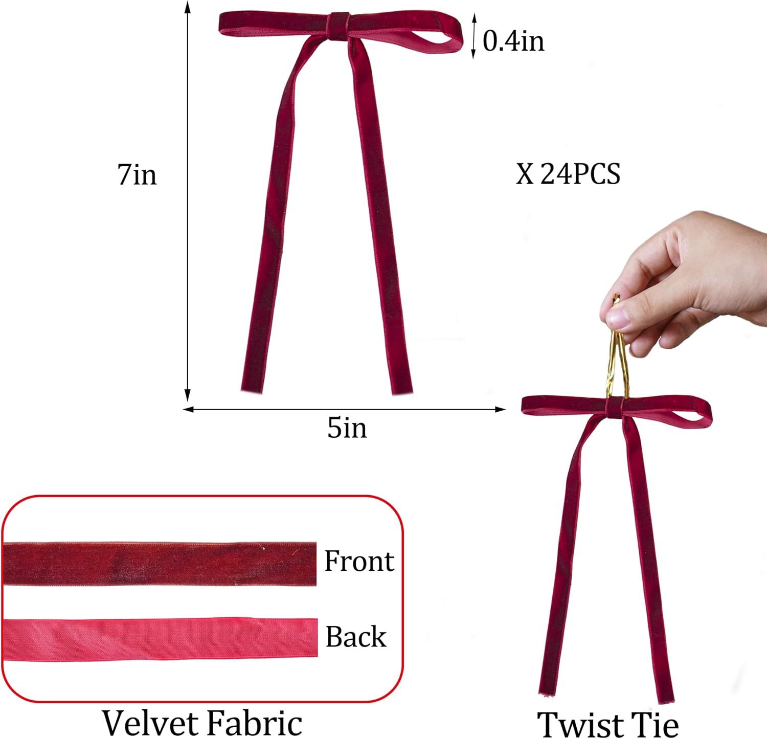24 Pcs Burgundy Velvet Ribbon Bows Christmas Tree Ornaments Vintage Wine Red view 3