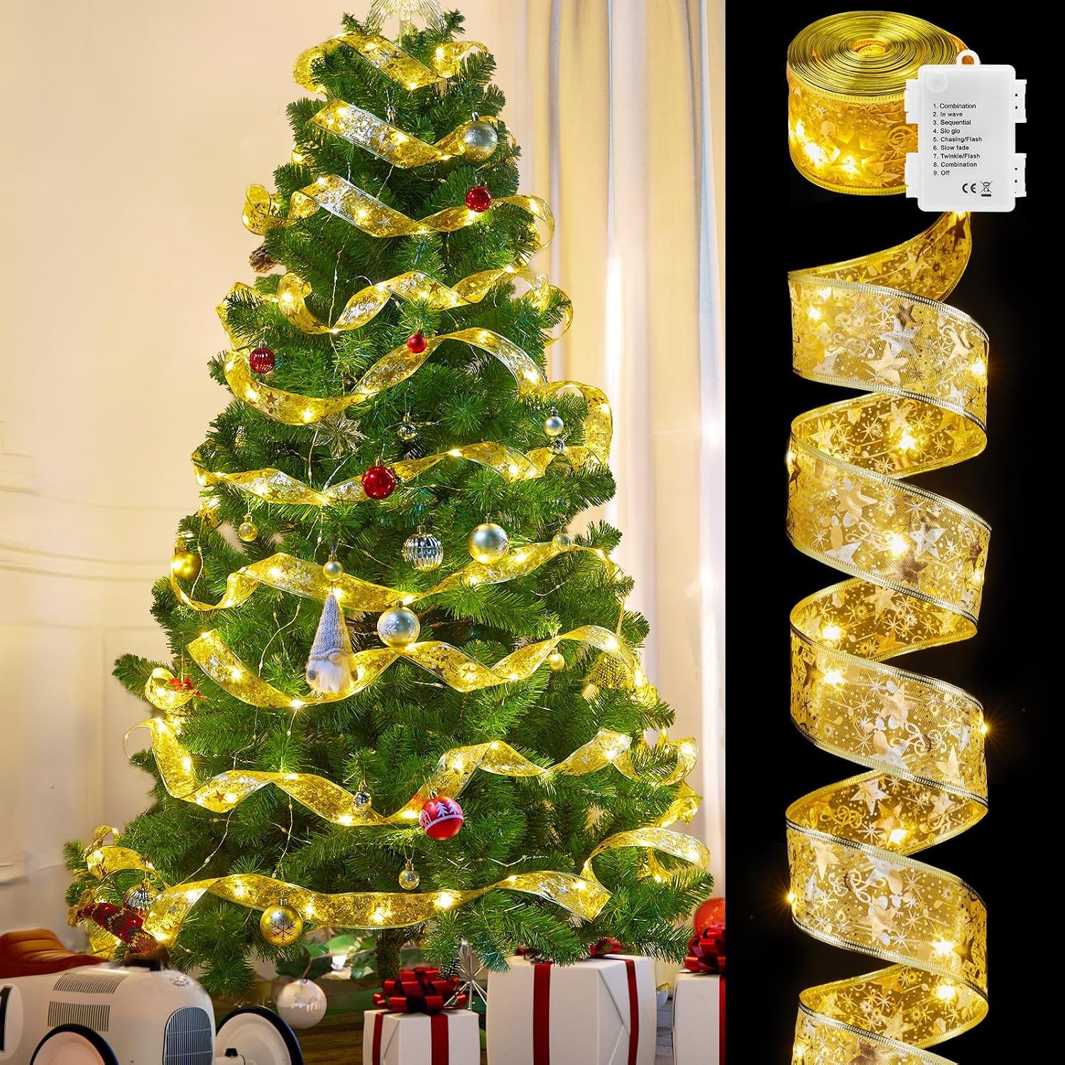Christmas Tree Ribbon String Lights - 33ft 100 LED Battery Powered Fairy — image 1