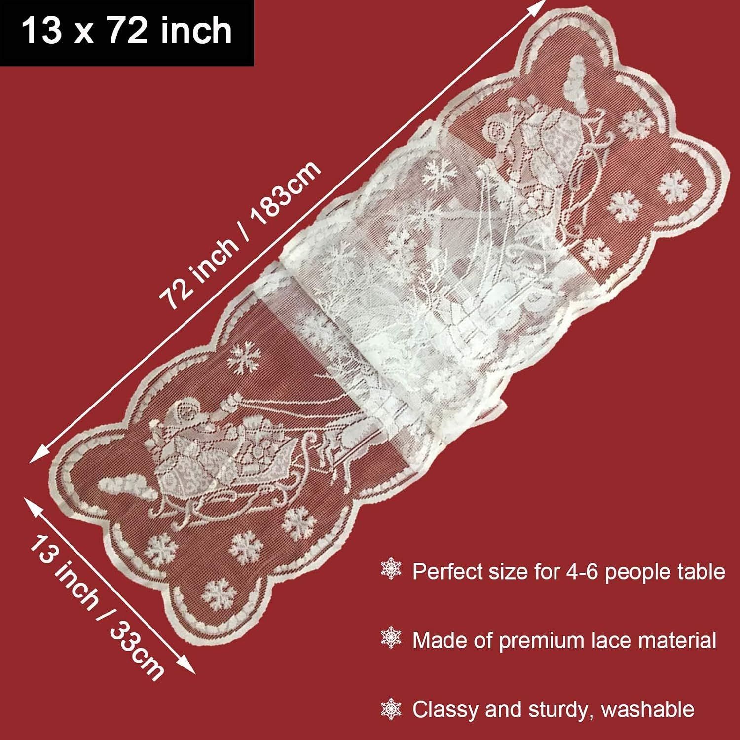 Christmas Table Runner 72 Inch - Lace Santa Reindeer Snowflake Table Runner view 2