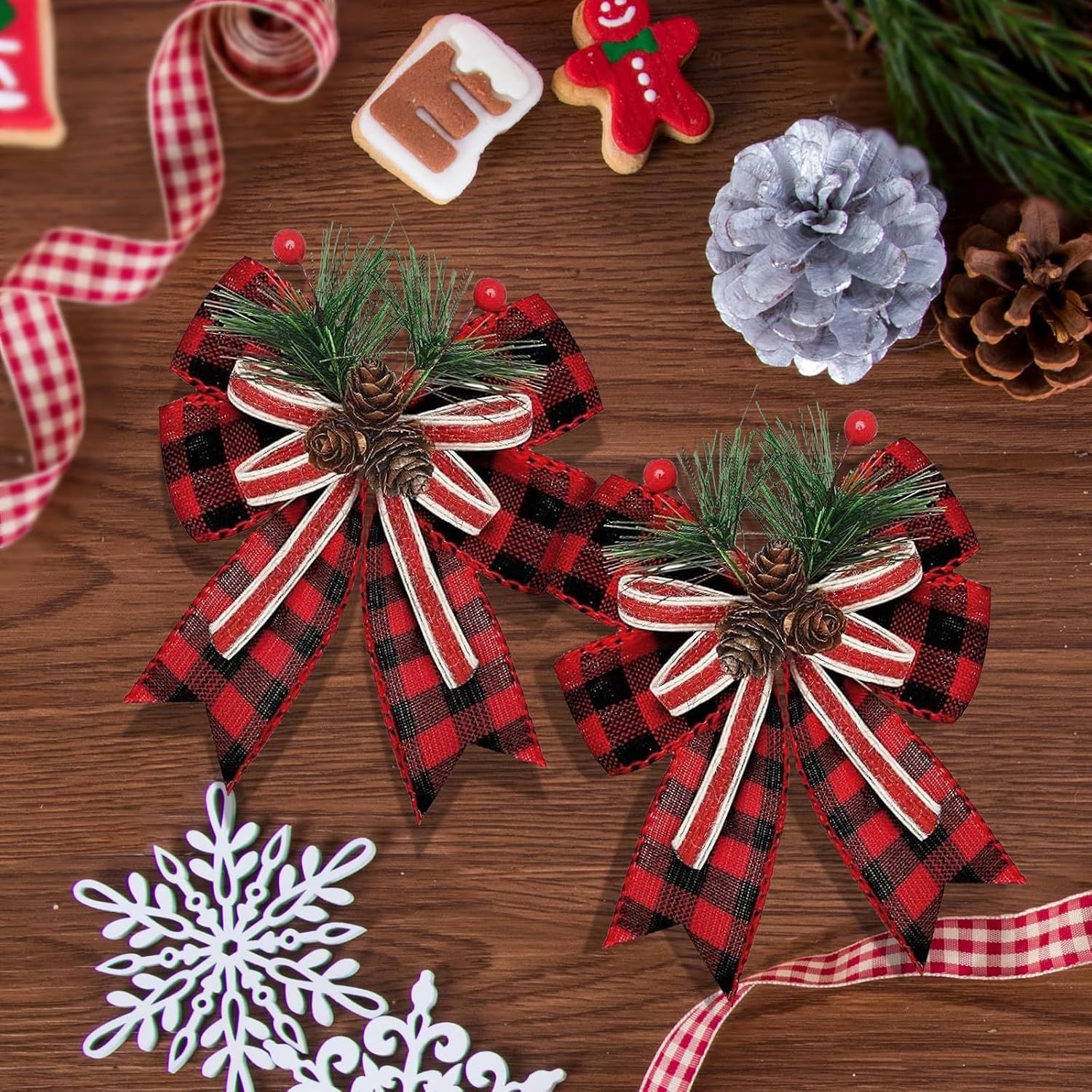 2026 New 6Pcs Christmas Burlap Plaid Bow with Pine Cones Pine Needles Xmas view 2