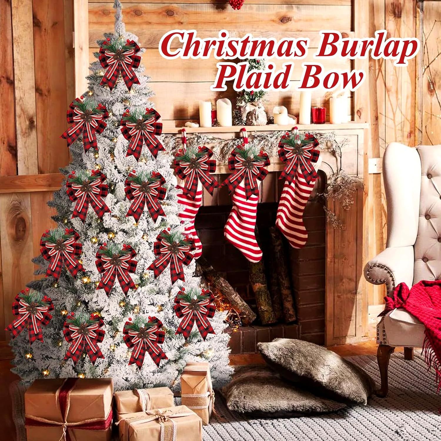 2026 New 6Pcs Christmas Burlap Plaid Bow with Pine Cones Pine Needles Xmas view 4