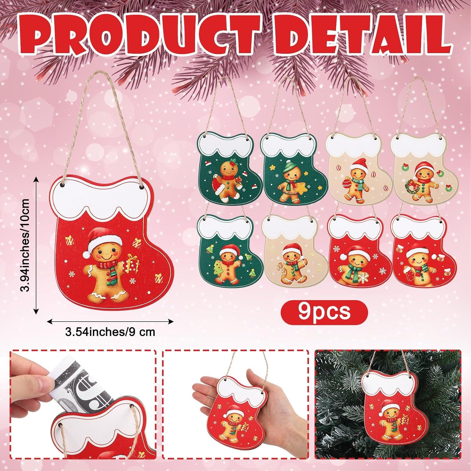 9 Pcs Gingerbread Men Wooden Christmas Money Holder Ornaments DIY Christmas view 2
