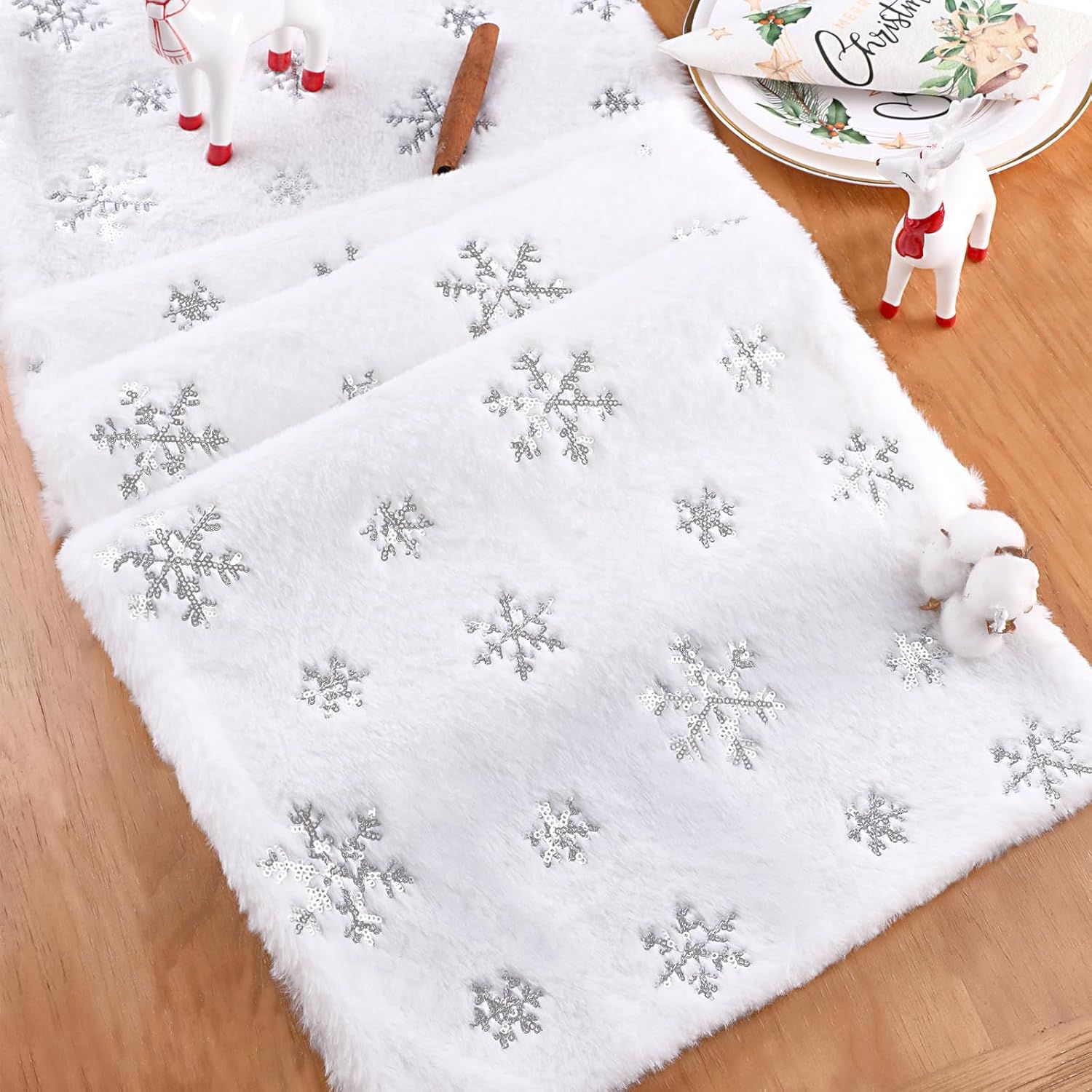 White Fur Table Runner Silver Snowflakes Christmas Table Runner — image 1