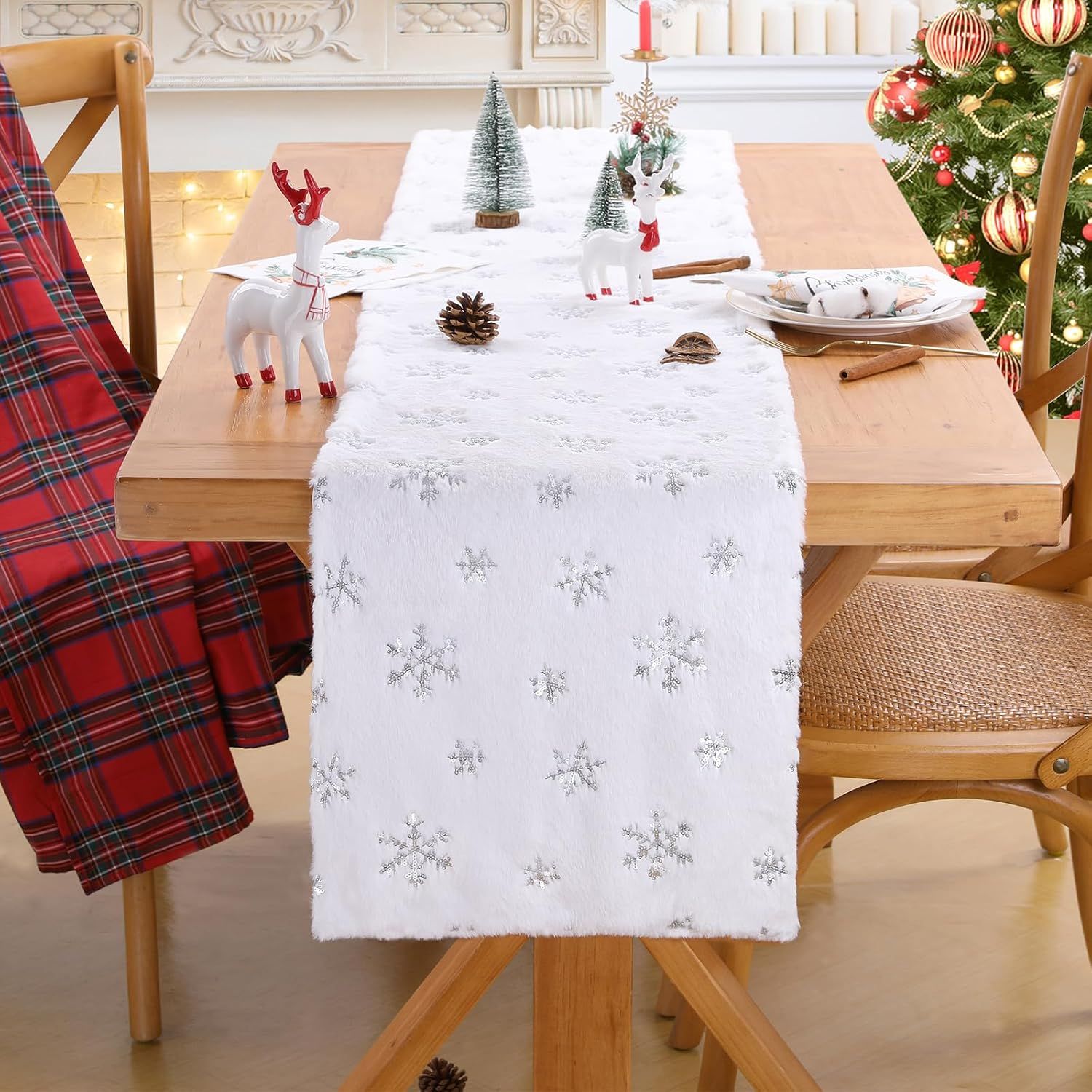 White Fur Table Runner Silver Snowflakes Christmas Table Runner view 2
