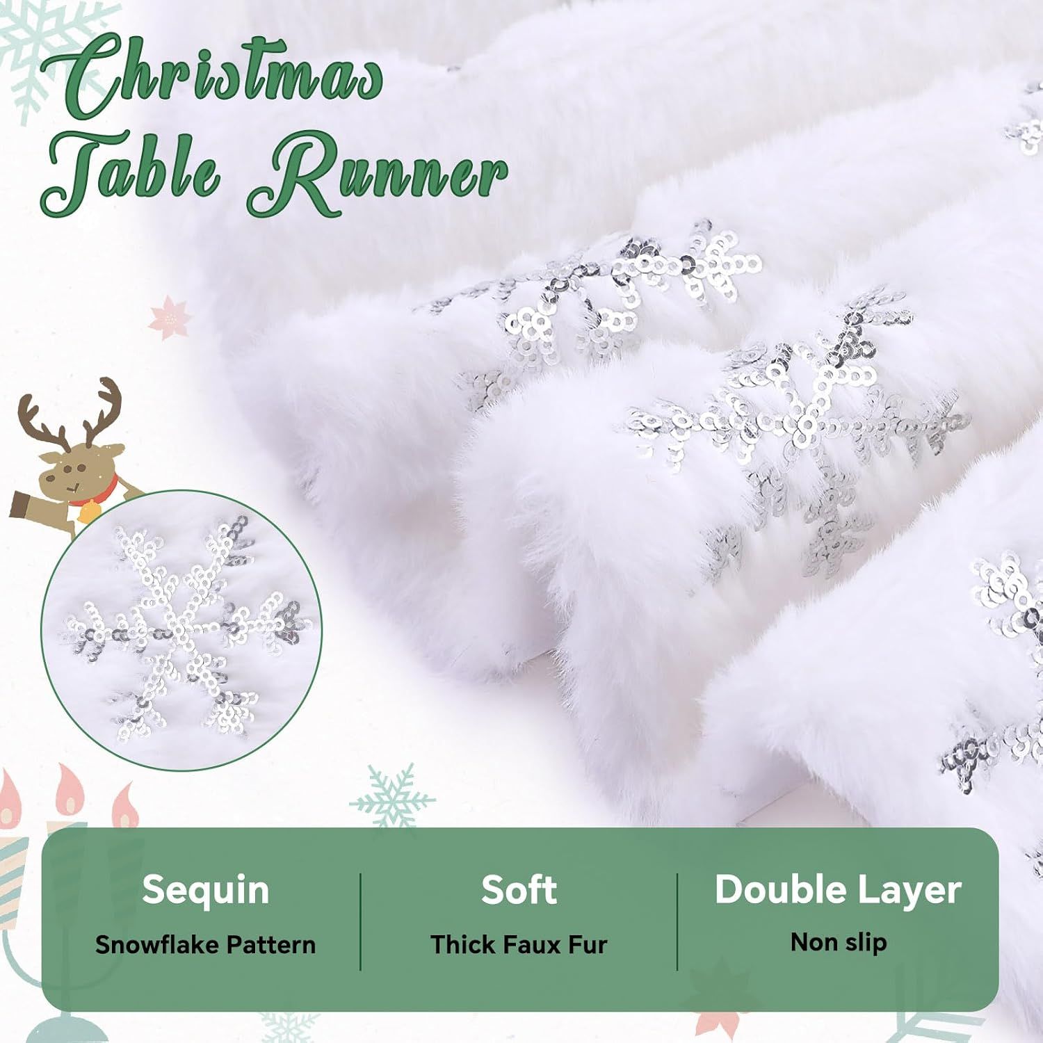 White Fur Table Runner Silver Snowflakes Christmas Table Runner view 3