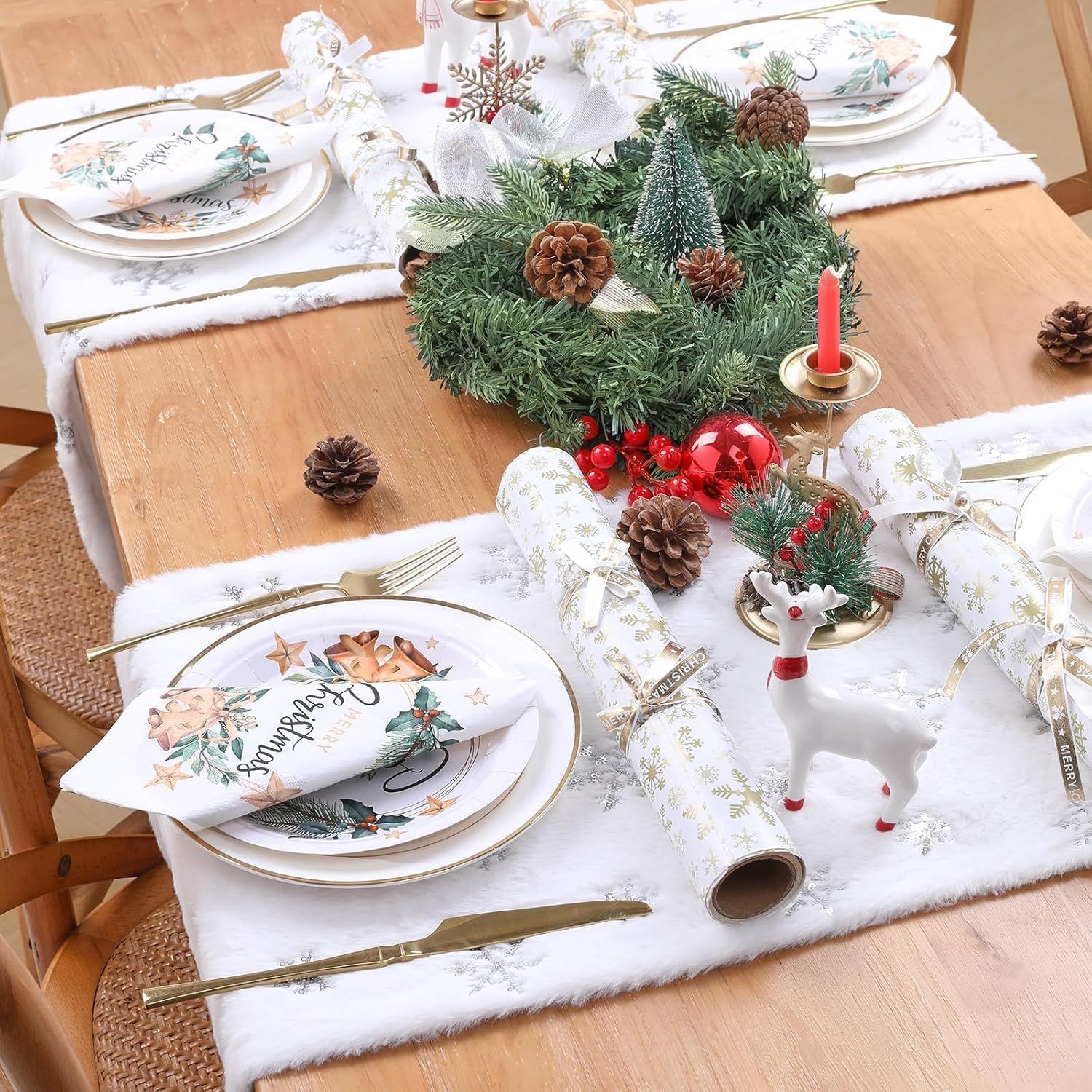 White Fur Table Runner Silver Snowflakes Christmas Table Runner view 4