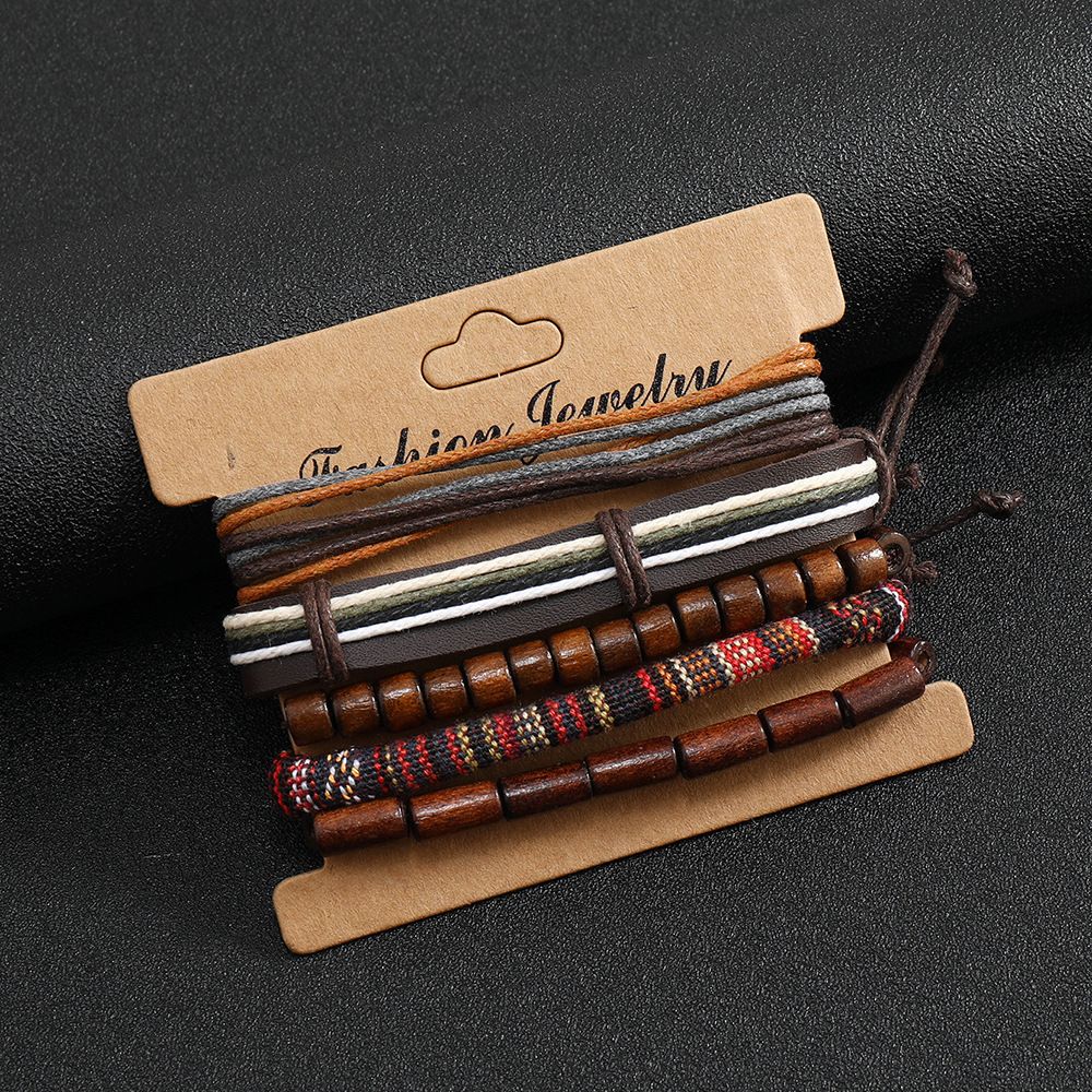 5PCS Men Women, Hemp Cords Wood Beads Ethnic Tribal Bracelets, Leather view 4