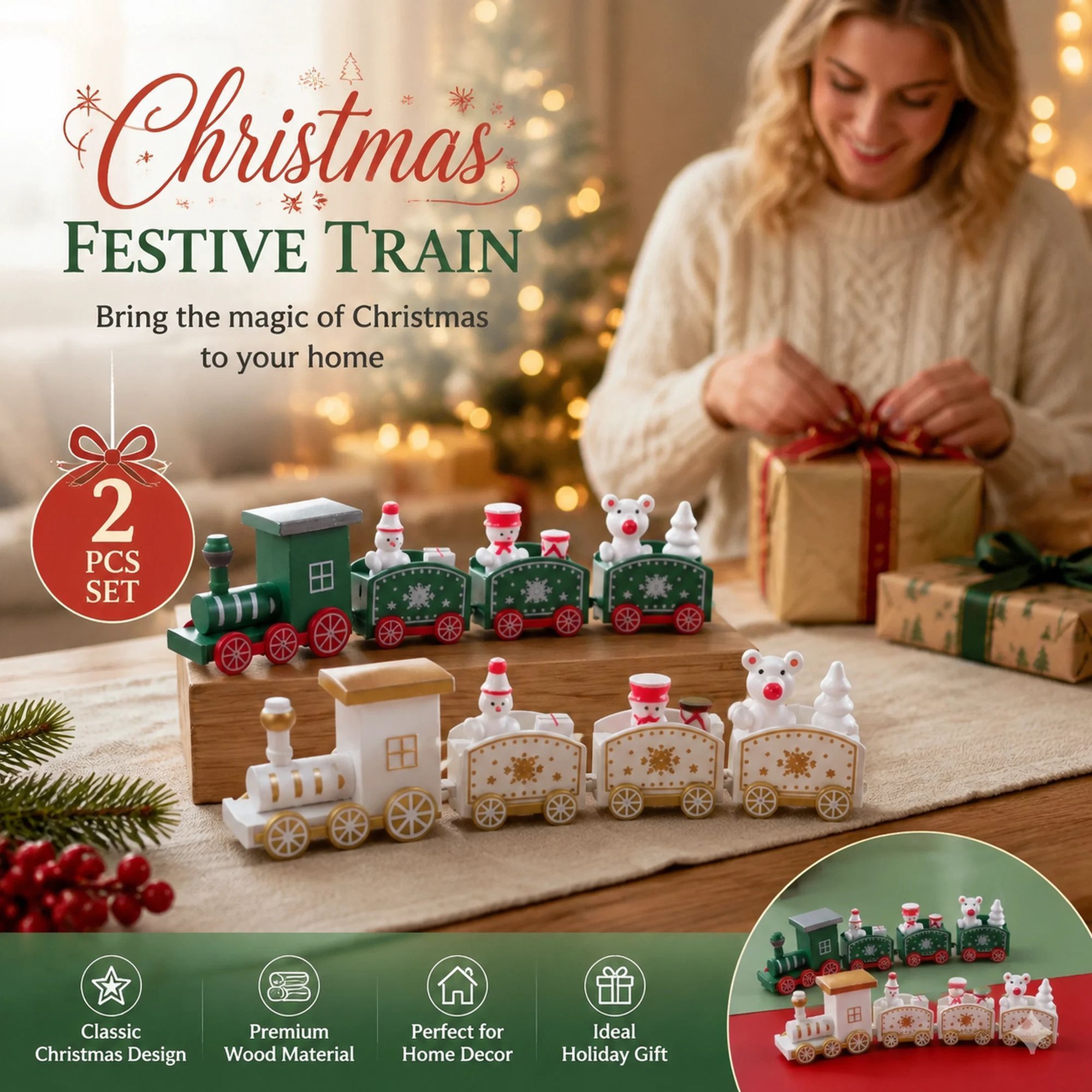 Green & White Christmas Train Ornament 2 Pack — image 1