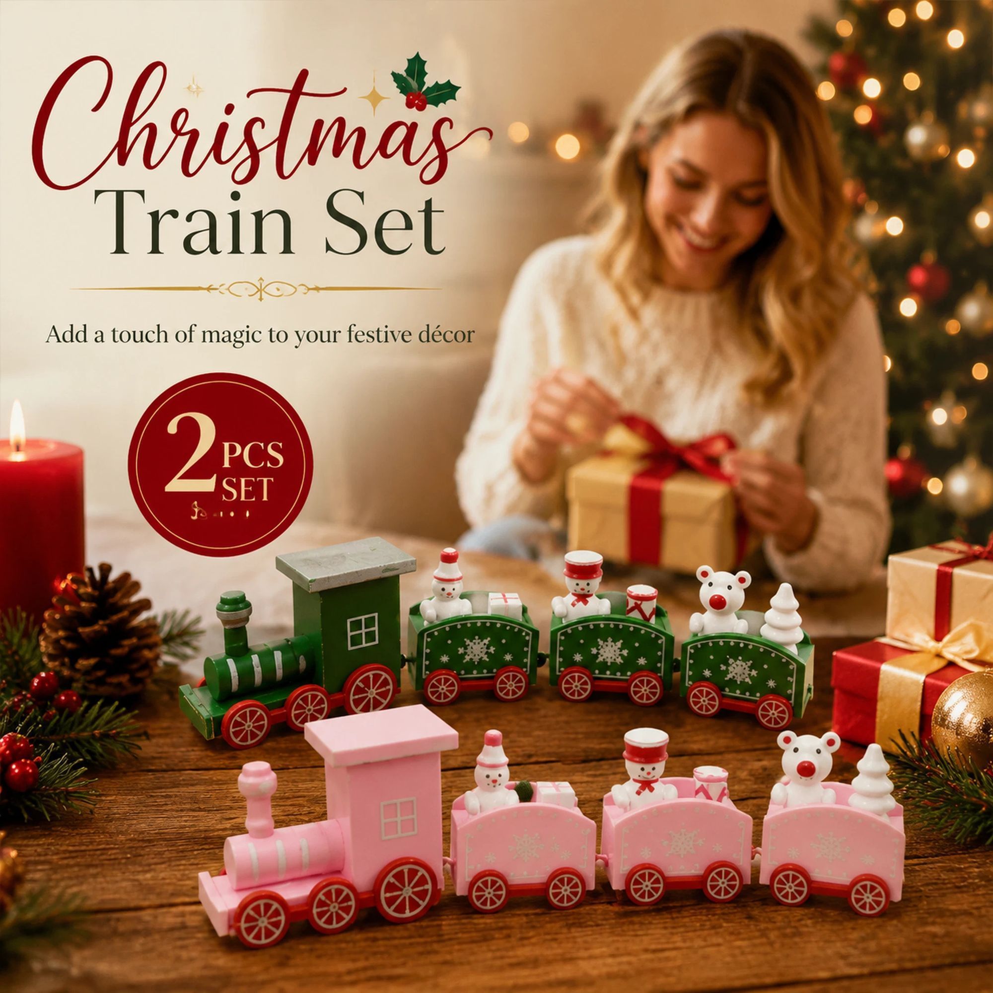 Green & Pink Christmas Train Ornament 2 Pack — image 1