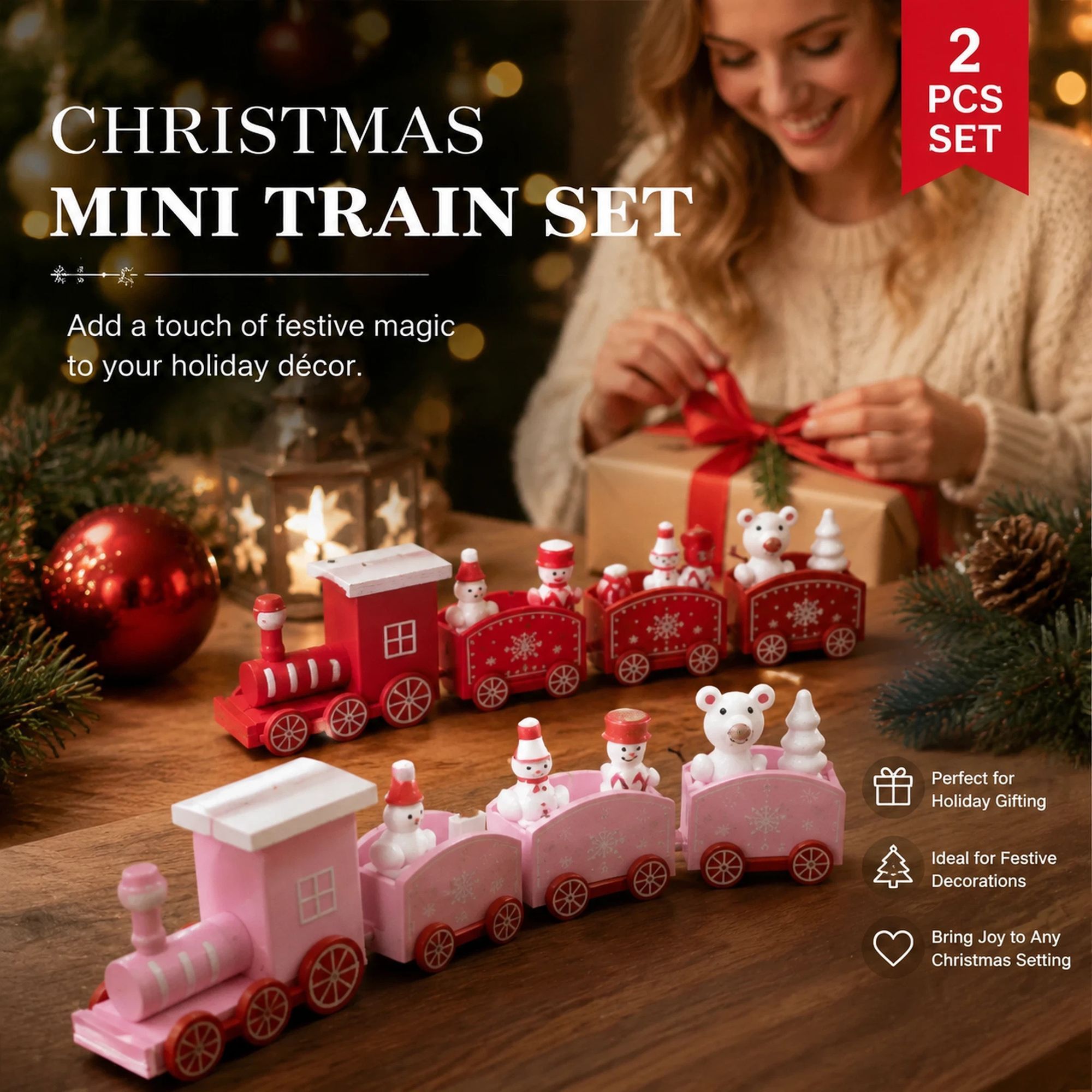 Red & Pink Christmas Train Ornament 2 Pack — image 1