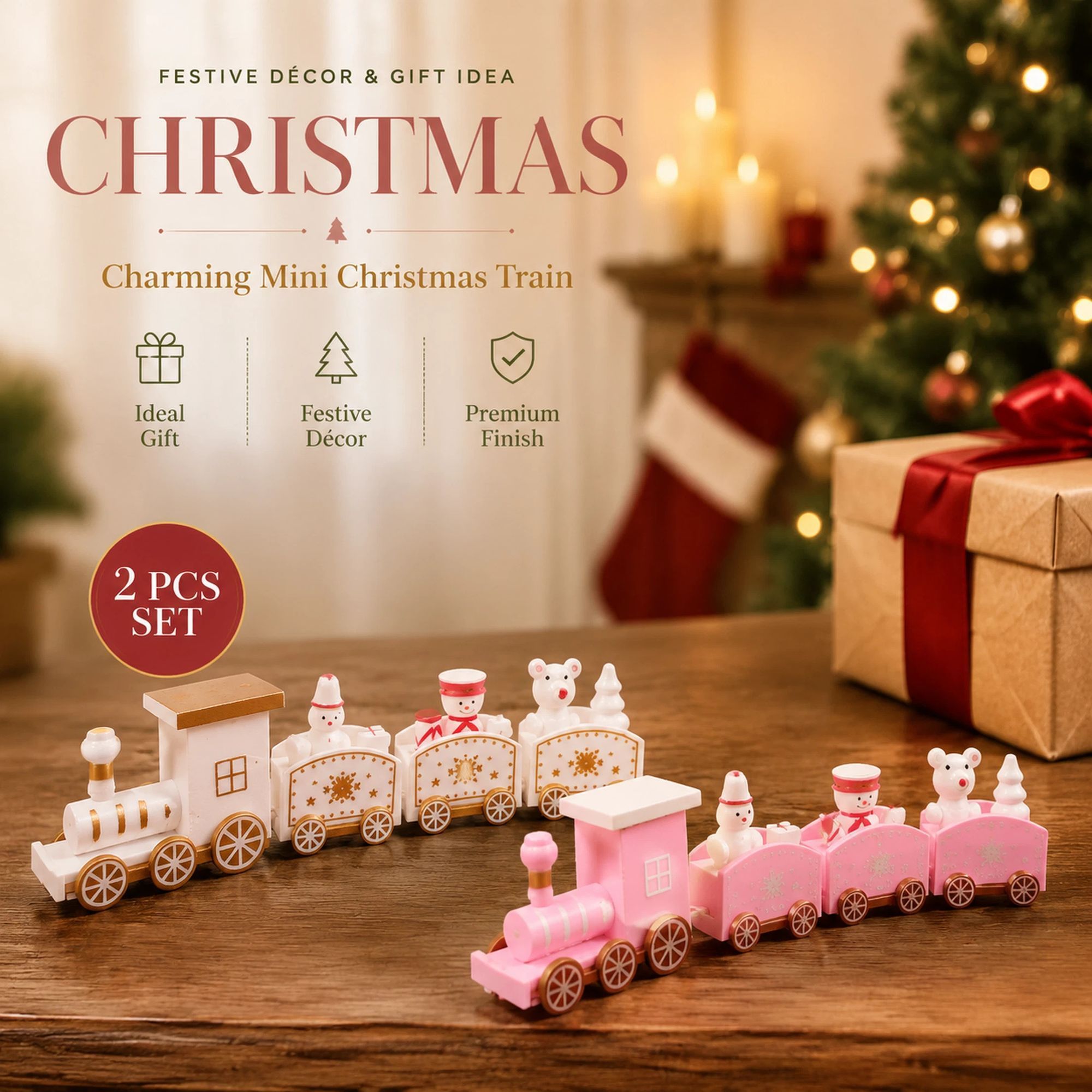 White & Pink Christmas Train Ornament 2 Pack — image 1