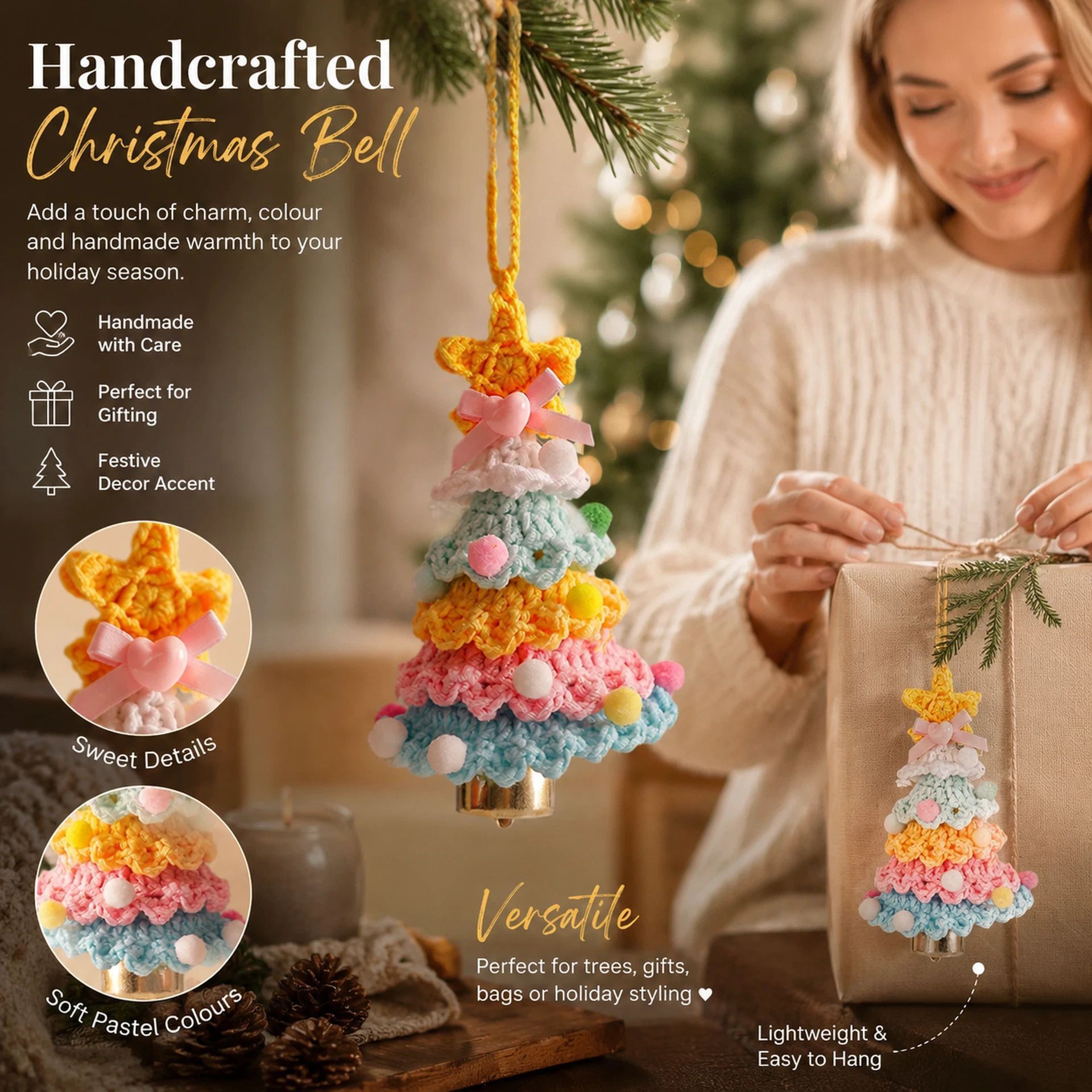Crochet Xmas Tree Bell Ornament Style D, Festive Home Gift — image 1