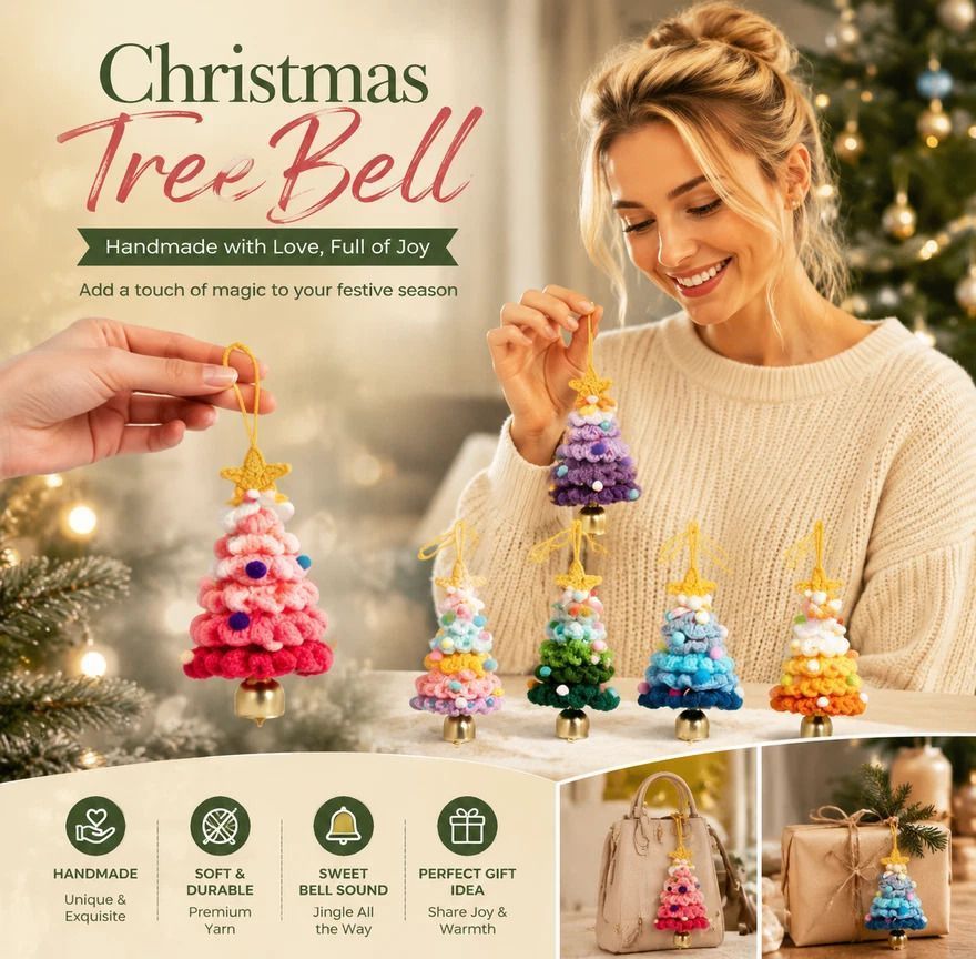 Crochet Xmas Tree Bell Ornament Style F, Budget Holiday Gift view 3