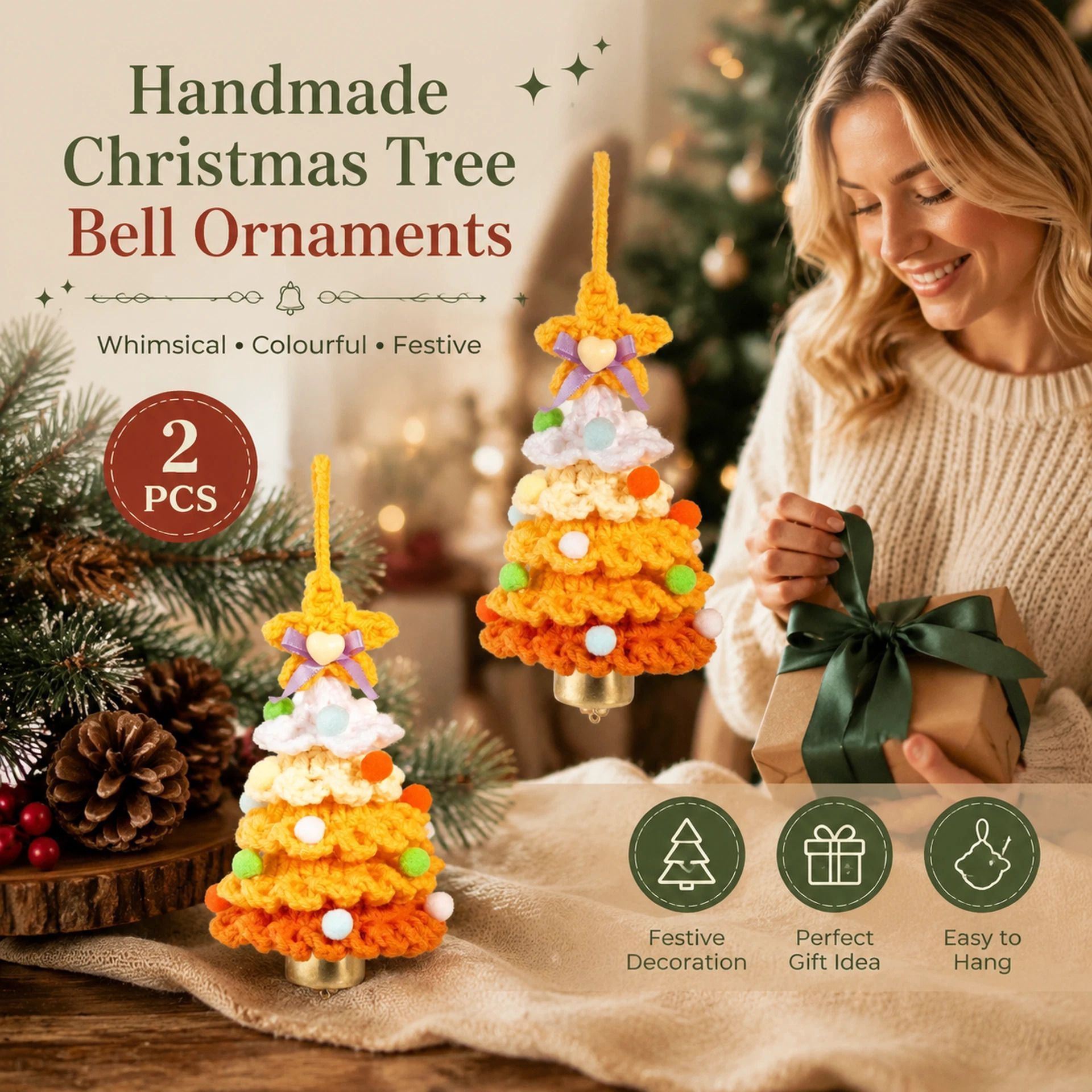 2 Pack Crochet Bell Ornament Style G Orange, Unique Xmas Gift — image 1