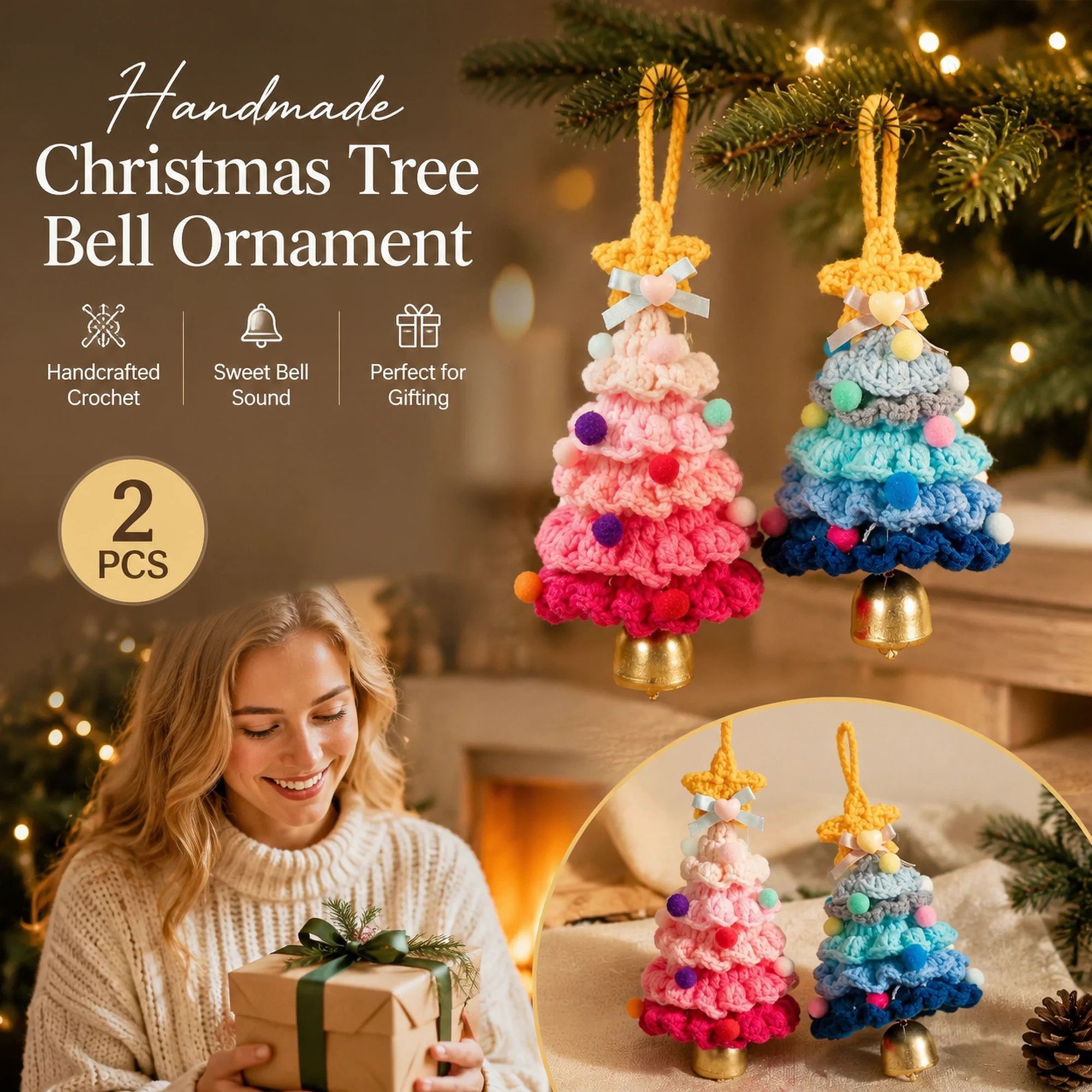 2 Pack Crochet Ornament A+F Pink & Blue, Festive Present Pair — image 1
