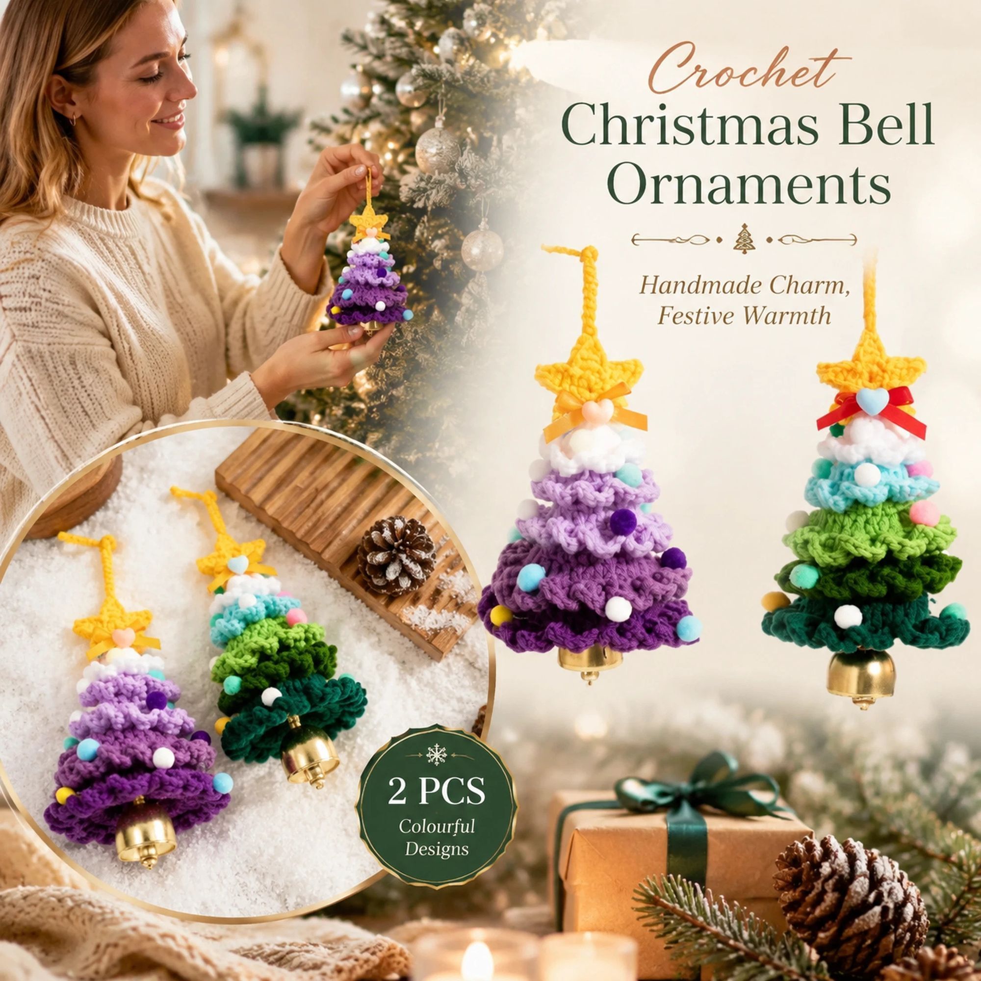2 Pack Crochet Ornament B+C Purple & Green, Home Xmas Decor Pair — image 1