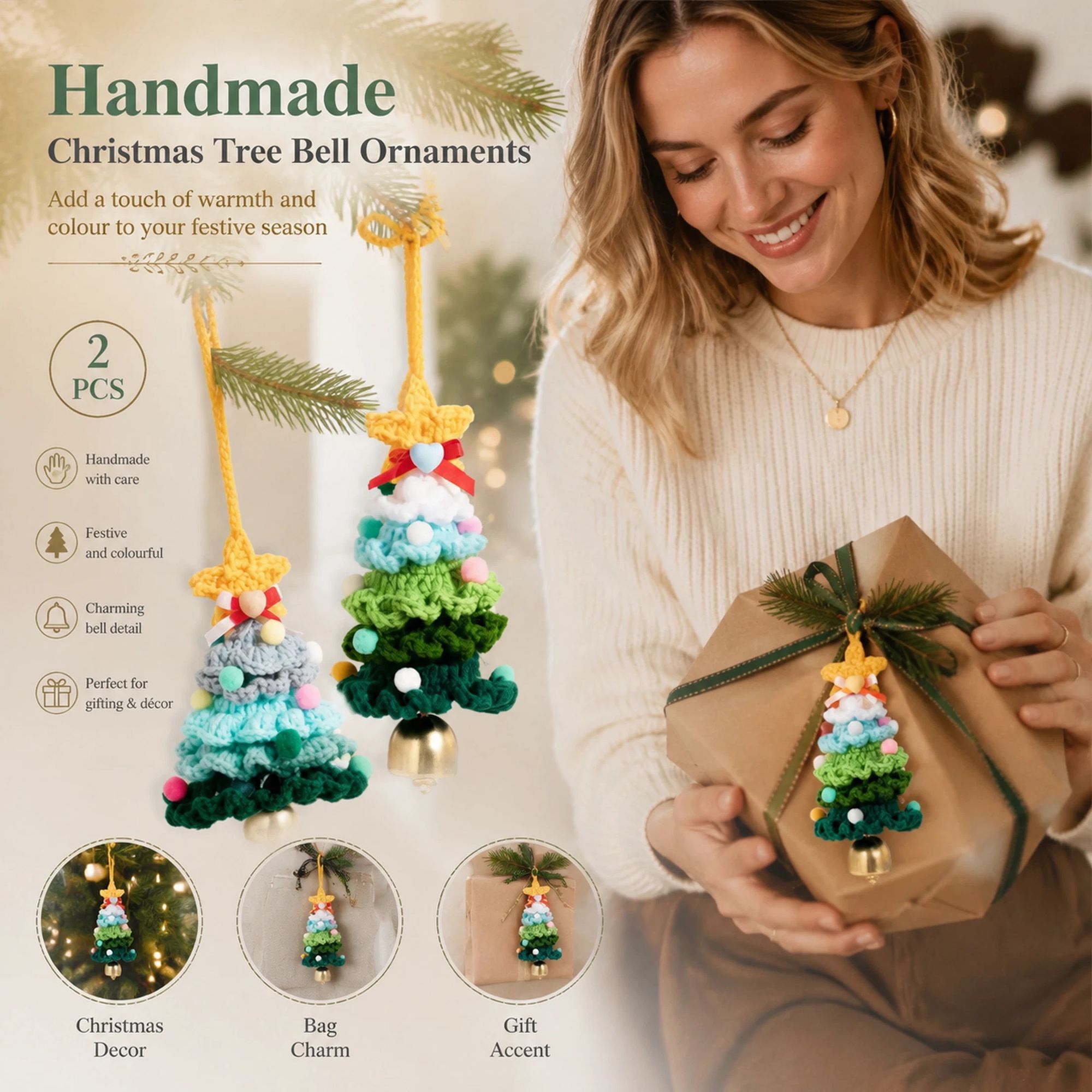 2 Pack Crochet Ornament C+F Green & Blue, Simple Christmas Pair — image 1