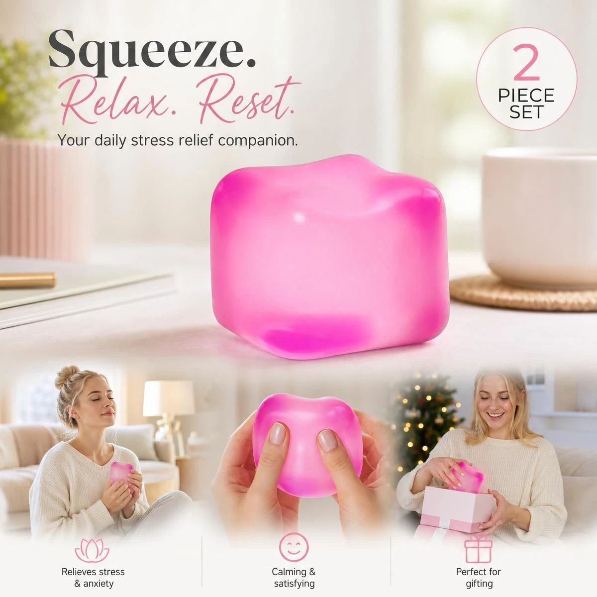 2 Pack Pink Ice Cube Squishy, Gentle Squish To Let Go Daily Worries, Stocking Pair — image 1
