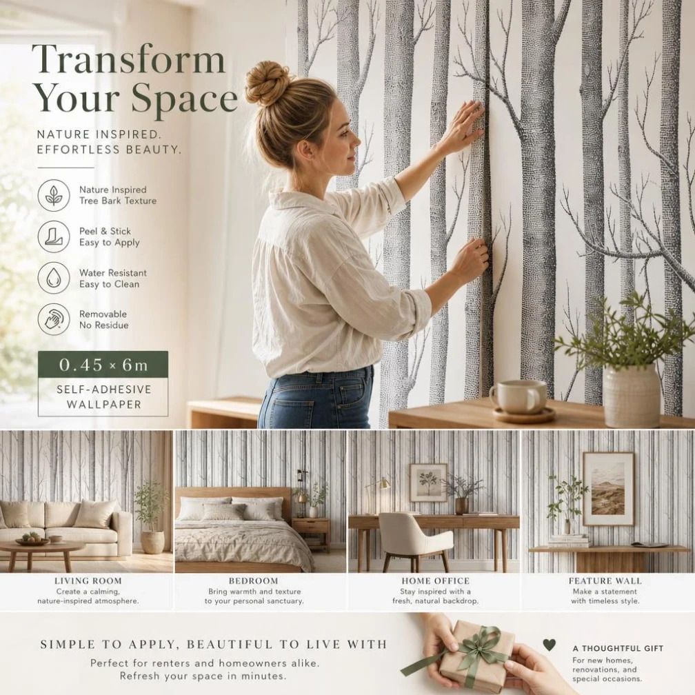 Self Adhesive PVC Wall Decal 0.45x6M, Birch Wood Texture, Natural Home Upgrade — image 1