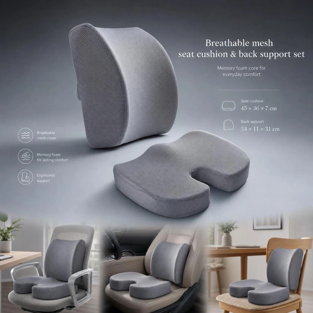 Mesh Grey Seat Waist Cushion Combo 45x36x7, Ergonomic Pack For Home & Vehicle — image 1
