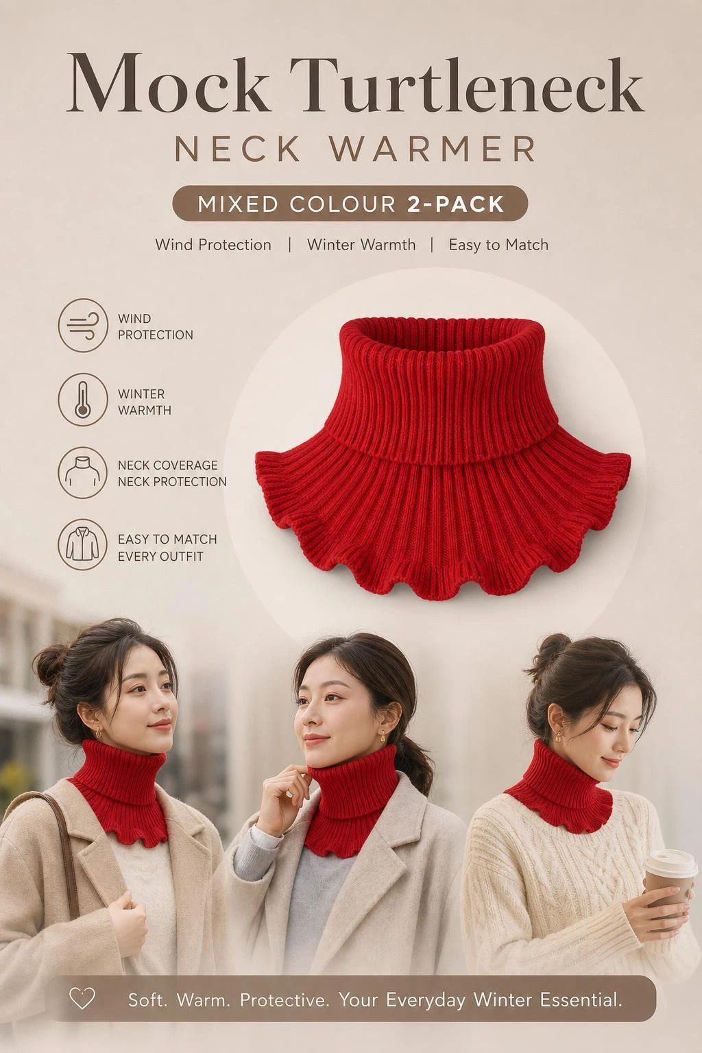 2-Pack thick bright red knit mock neck snoods