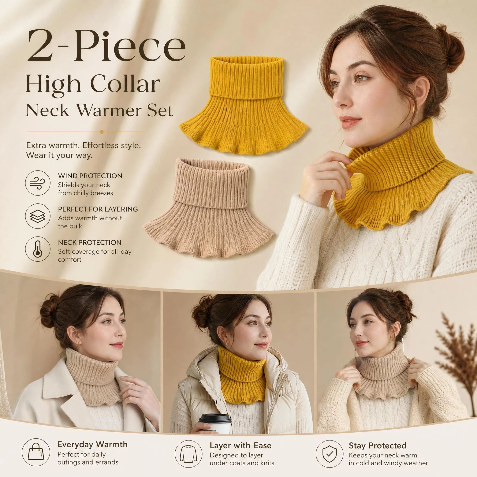 2-Pack thick knit snood twin set Yellow & Khaki
