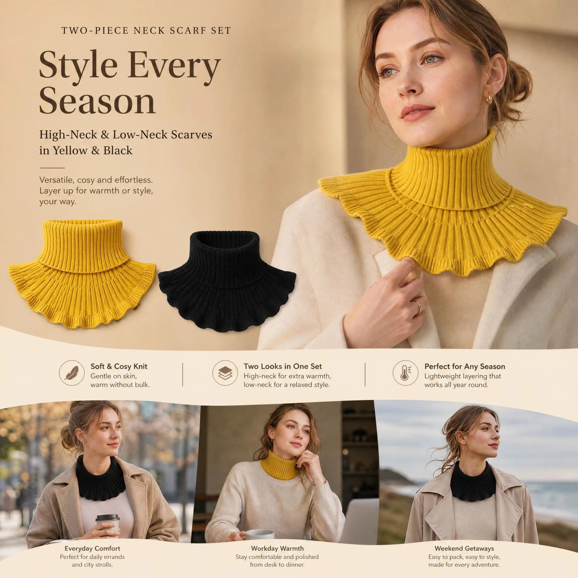 2-Pack thick knit neck wrap combo Yellow & Black