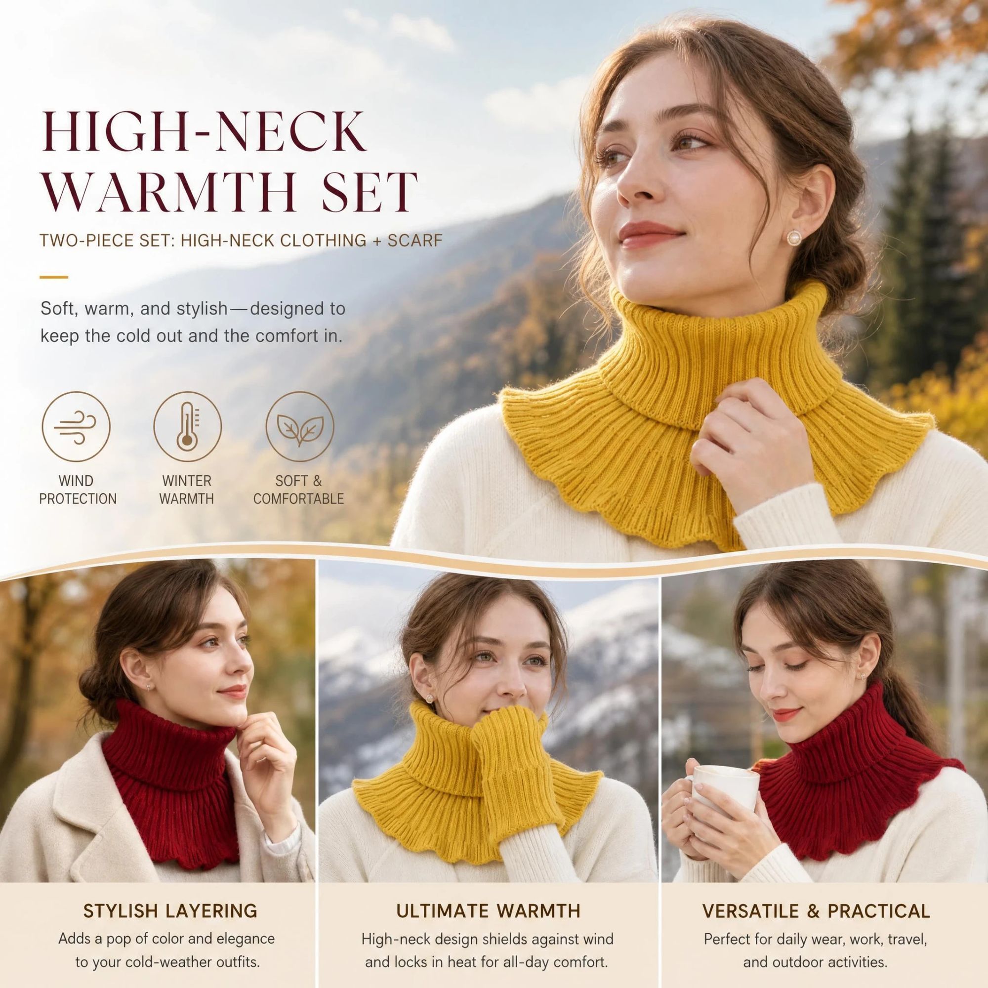 2-Pack dual colour thick knit snood Yellow & Wine Red