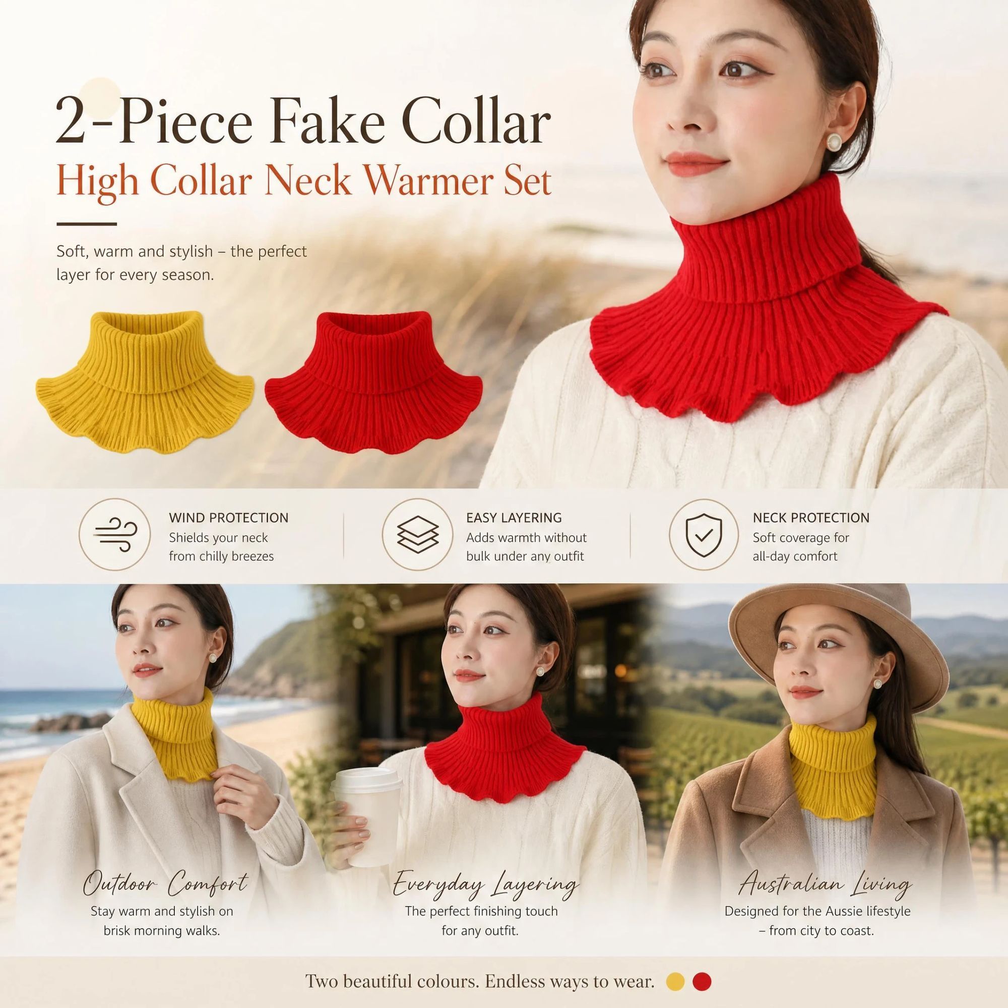 2-Pack two-tone thick knit neck protector Yellow & Bright Red