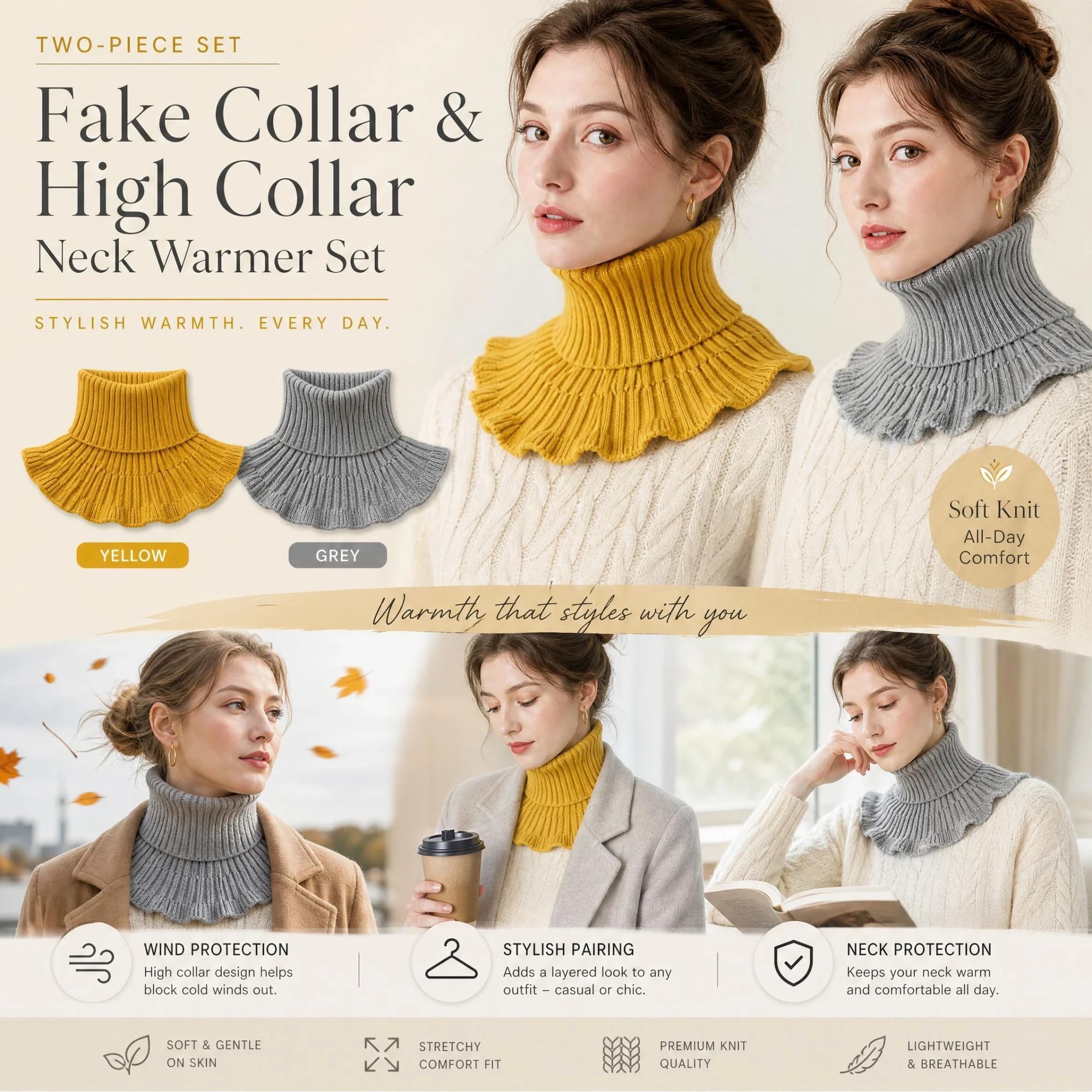 2-Pack Yellow & Grey thick knit mock collar warmers