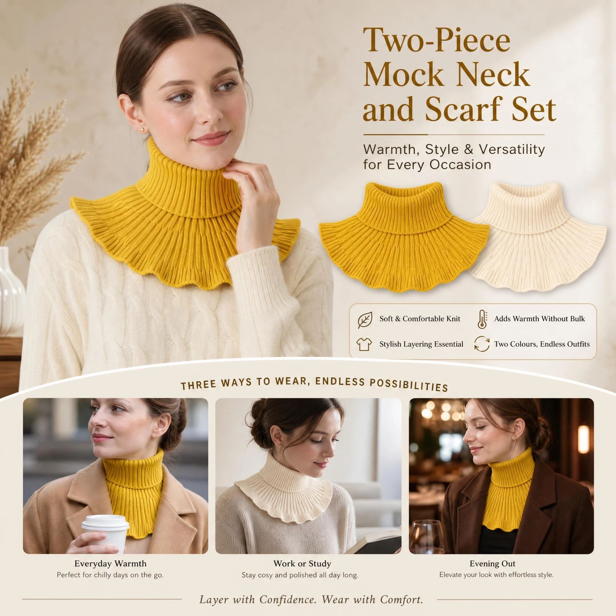 2-Pack thick knit neck tube twin set Yellow & Off White