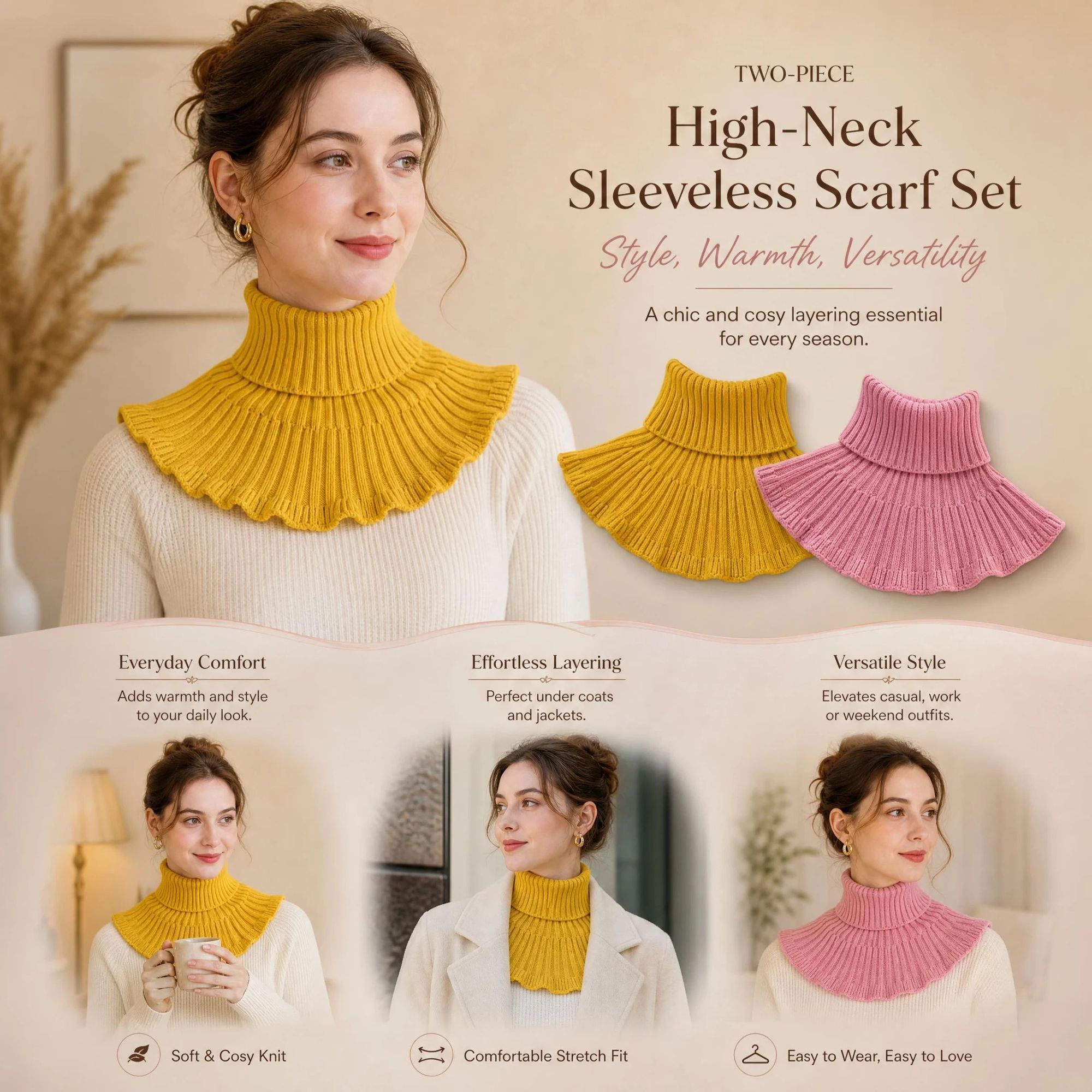 2-Pack Yellow & Pink thick knitted neck wrap combo