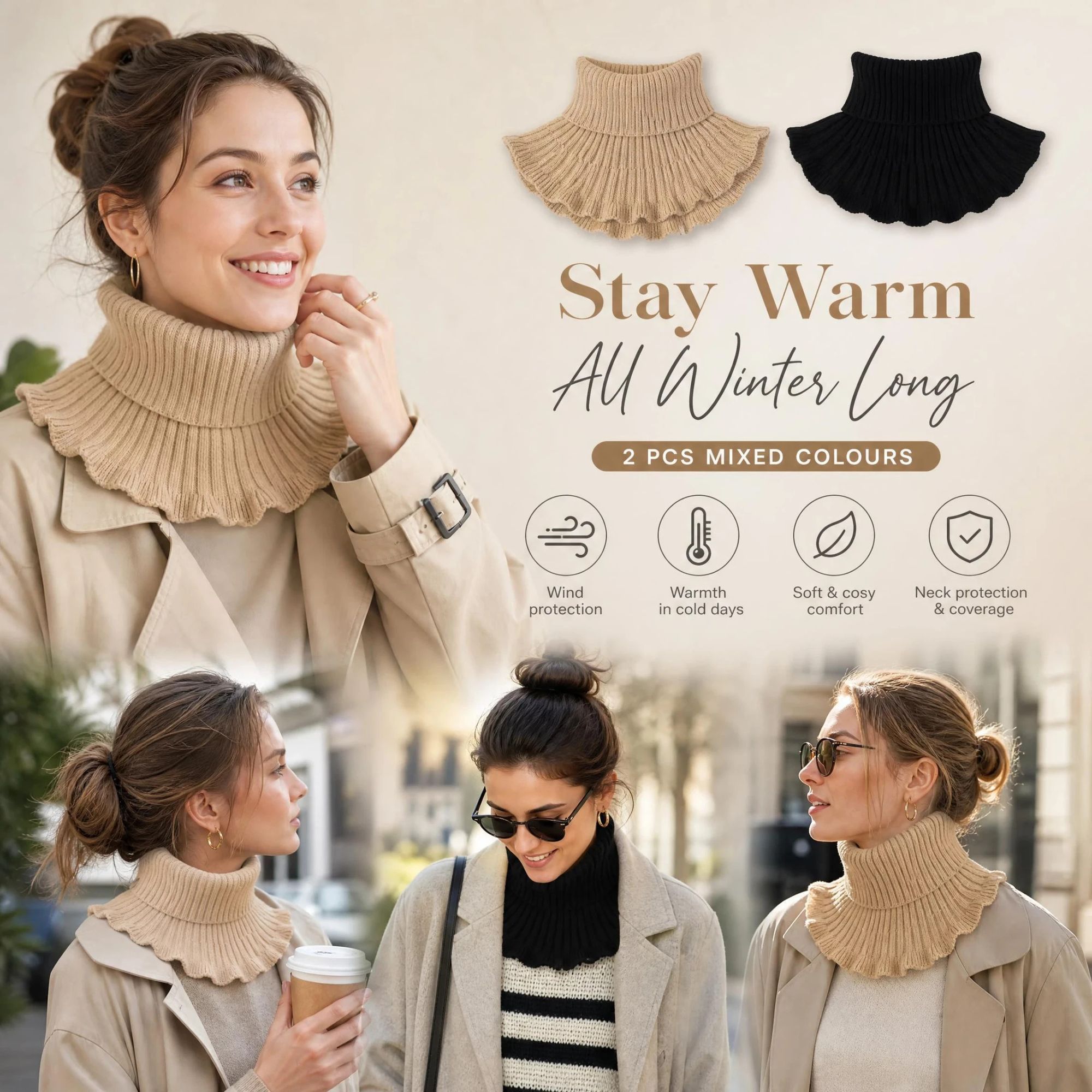 2-Pack Khaki & Black thick knit mock neck warmers