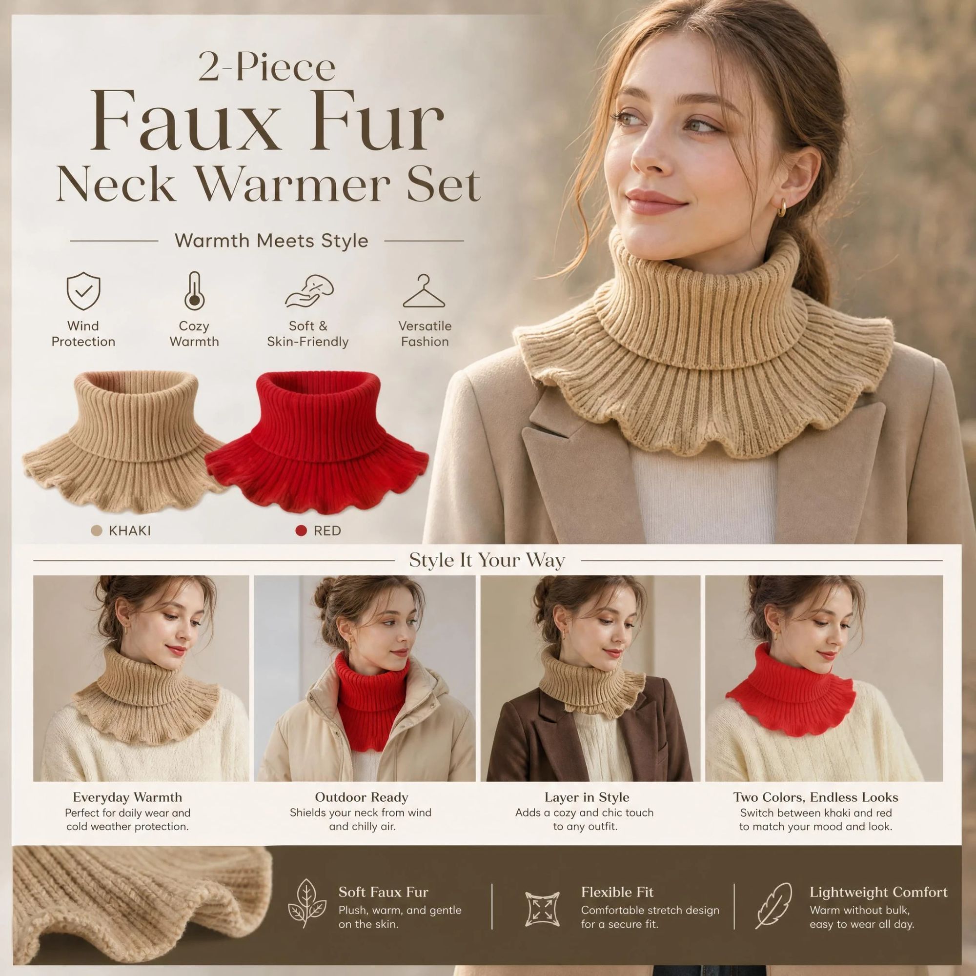 2-Pack Khaki & Bright Red thick knitted mock collar snood set