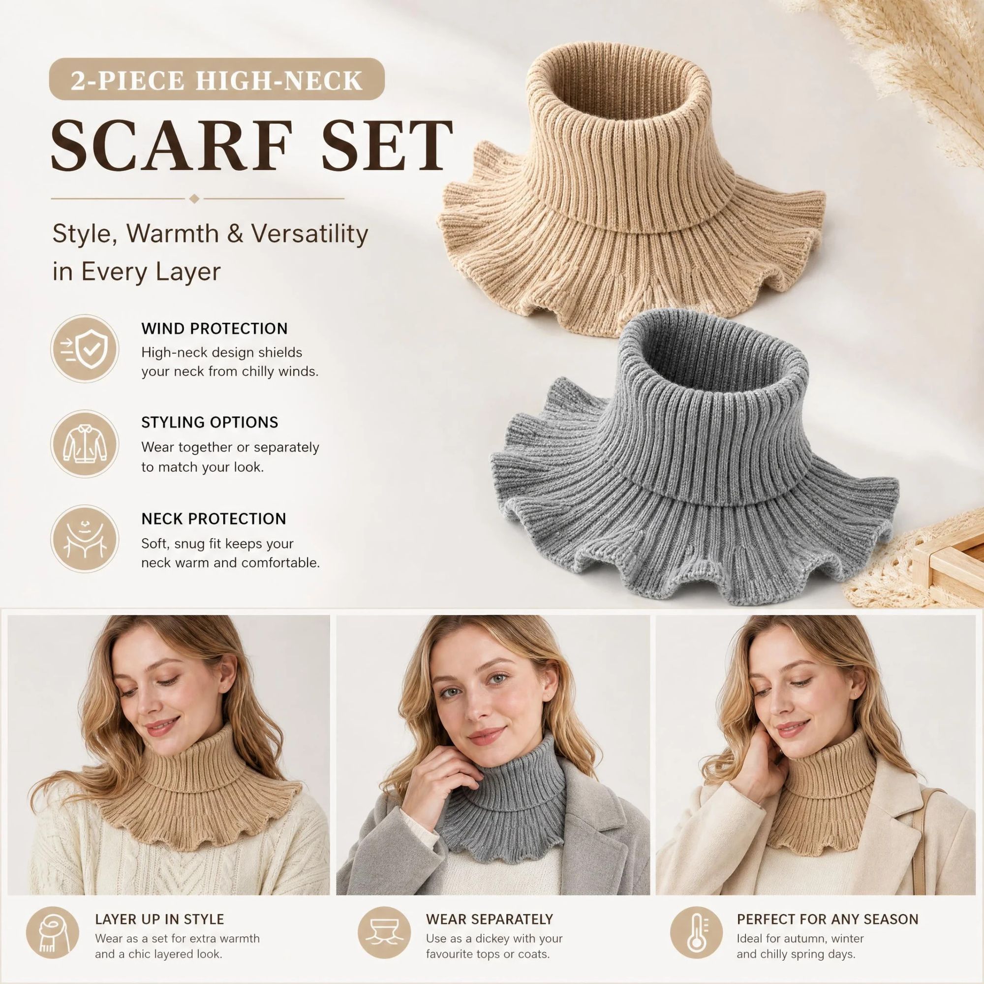 2-Pack Khaki & Grey thick mock high collar warmers