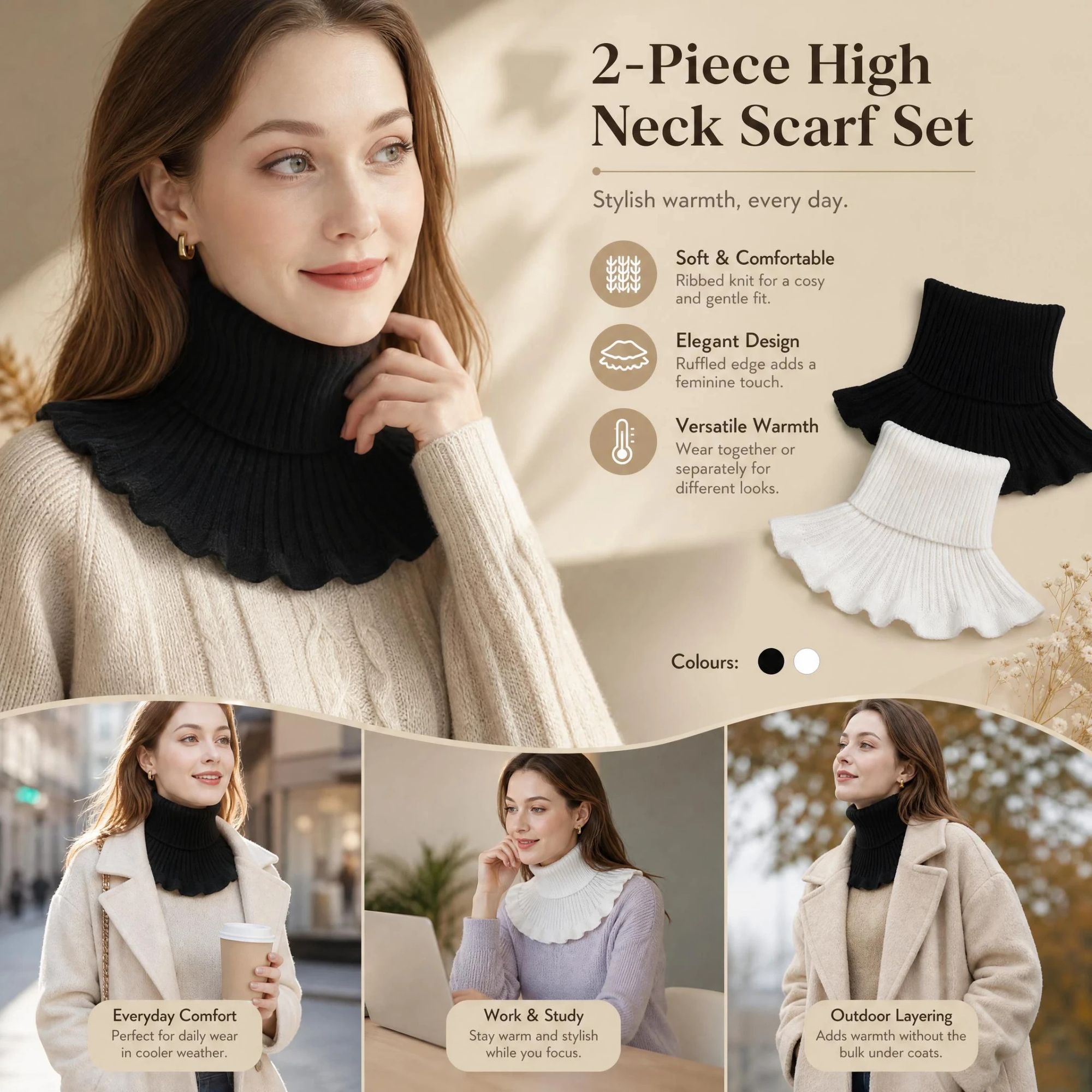 2-Pack Black & White thick knit mock collar warmers