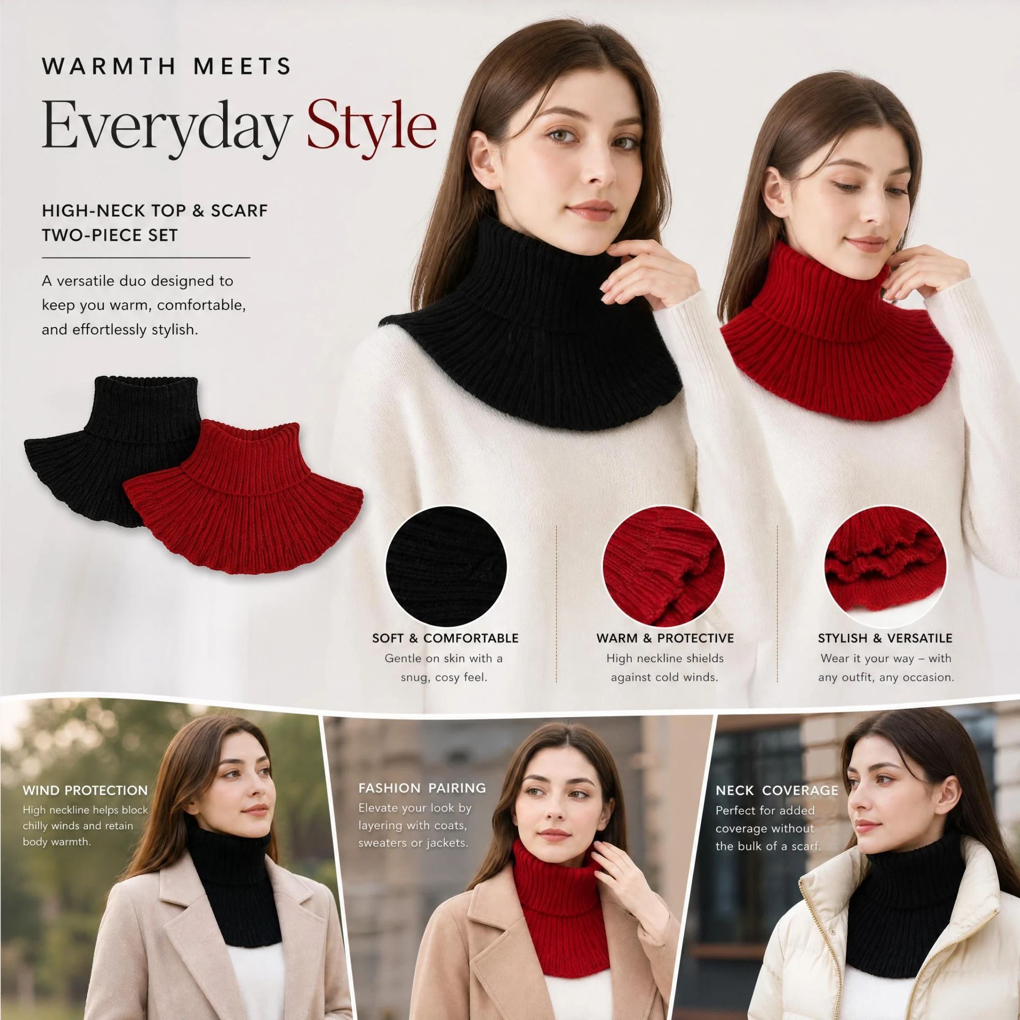 2-Pack Black & Wine Red thick knitted neck tube set
