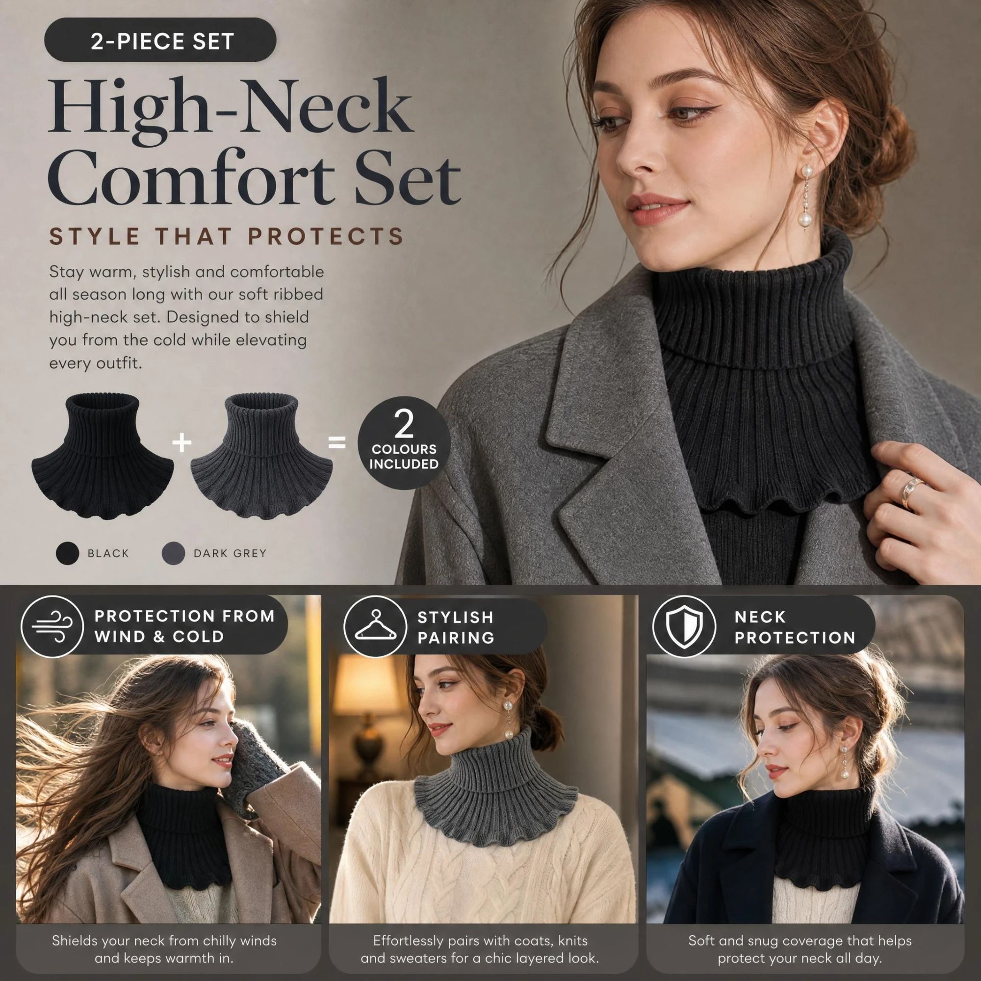 2-Pack Black & Grey thick mock high collar warmers