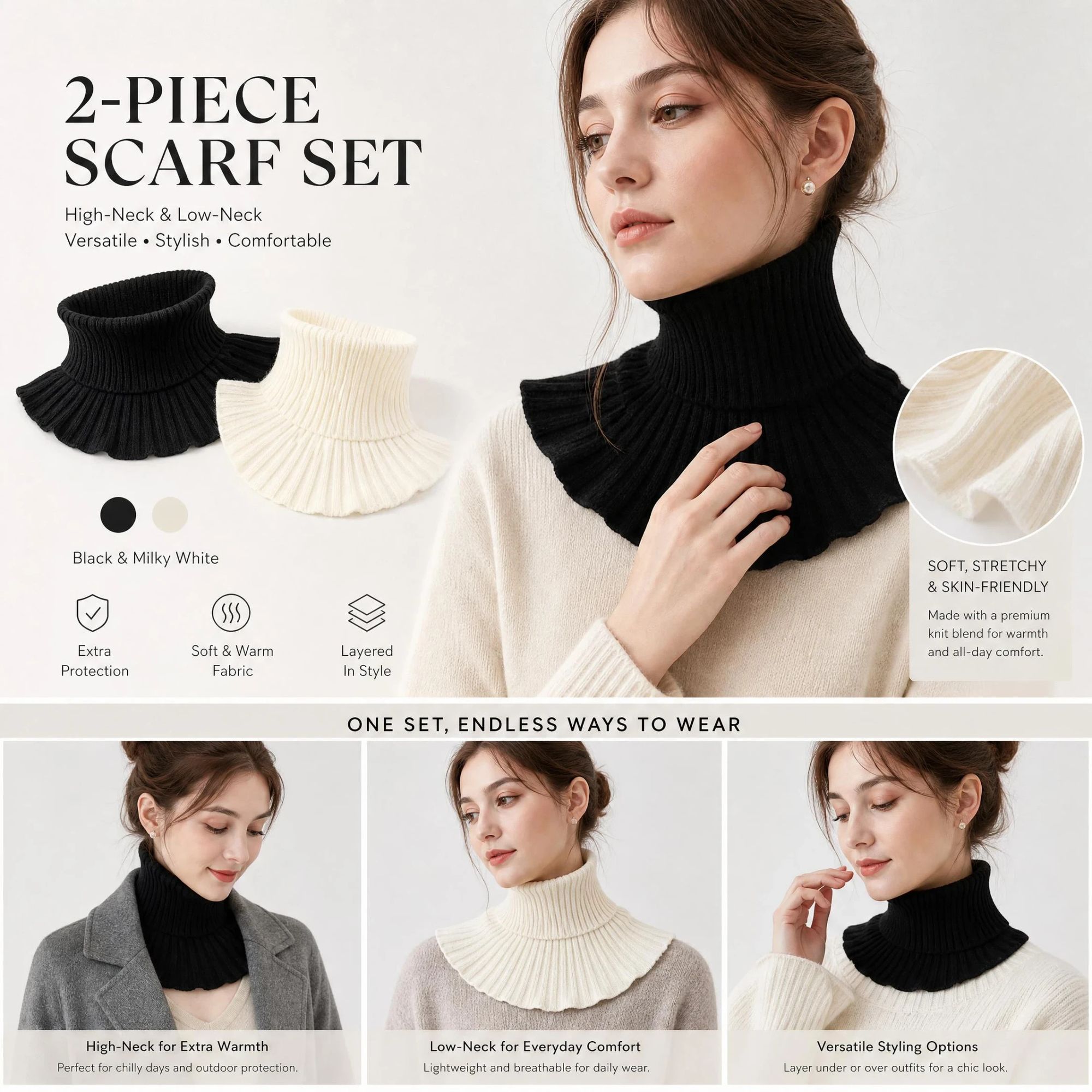 2-Pack Black & Off White thick thermal neck wrap set