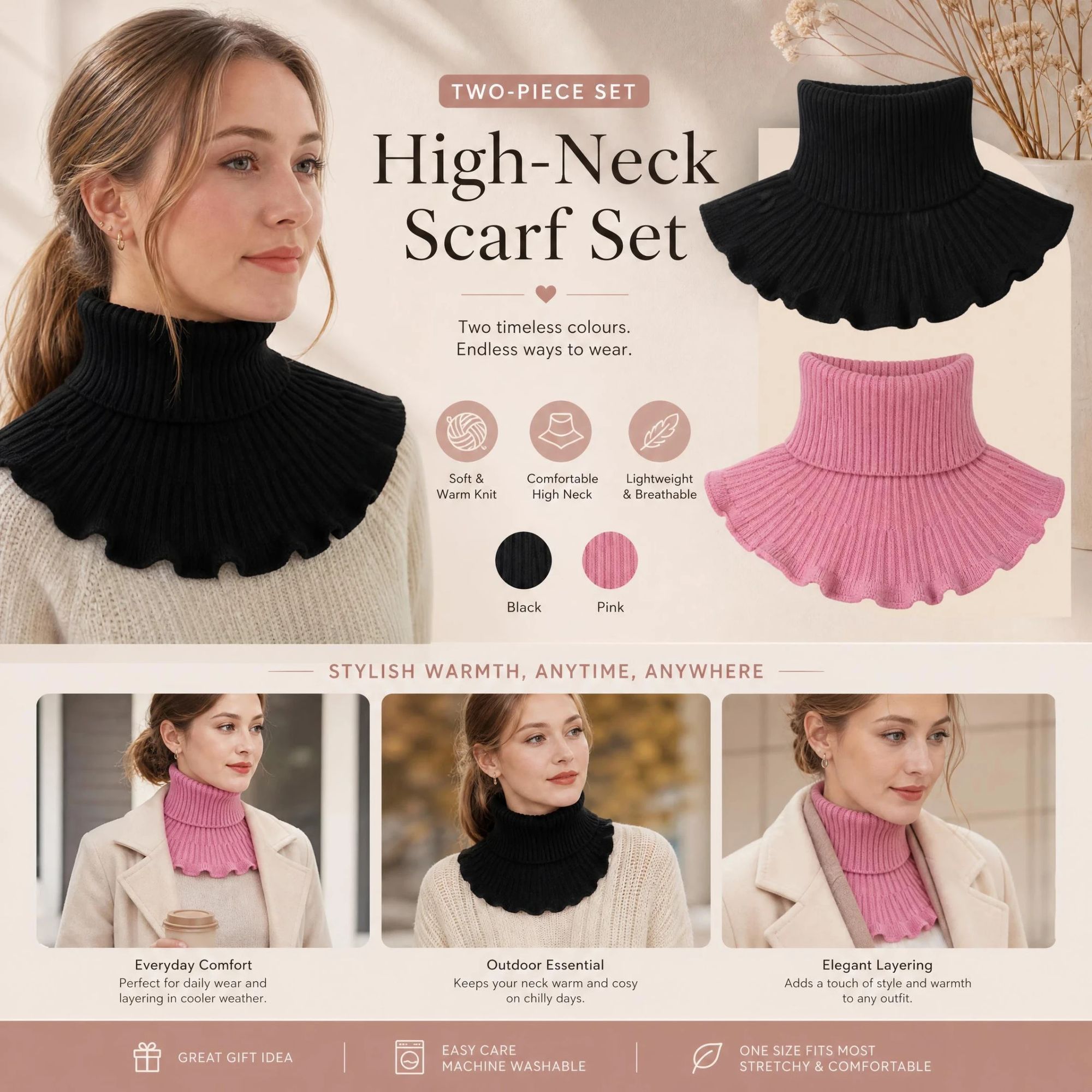 2-Pack Black & Pink thick knit snood combo
