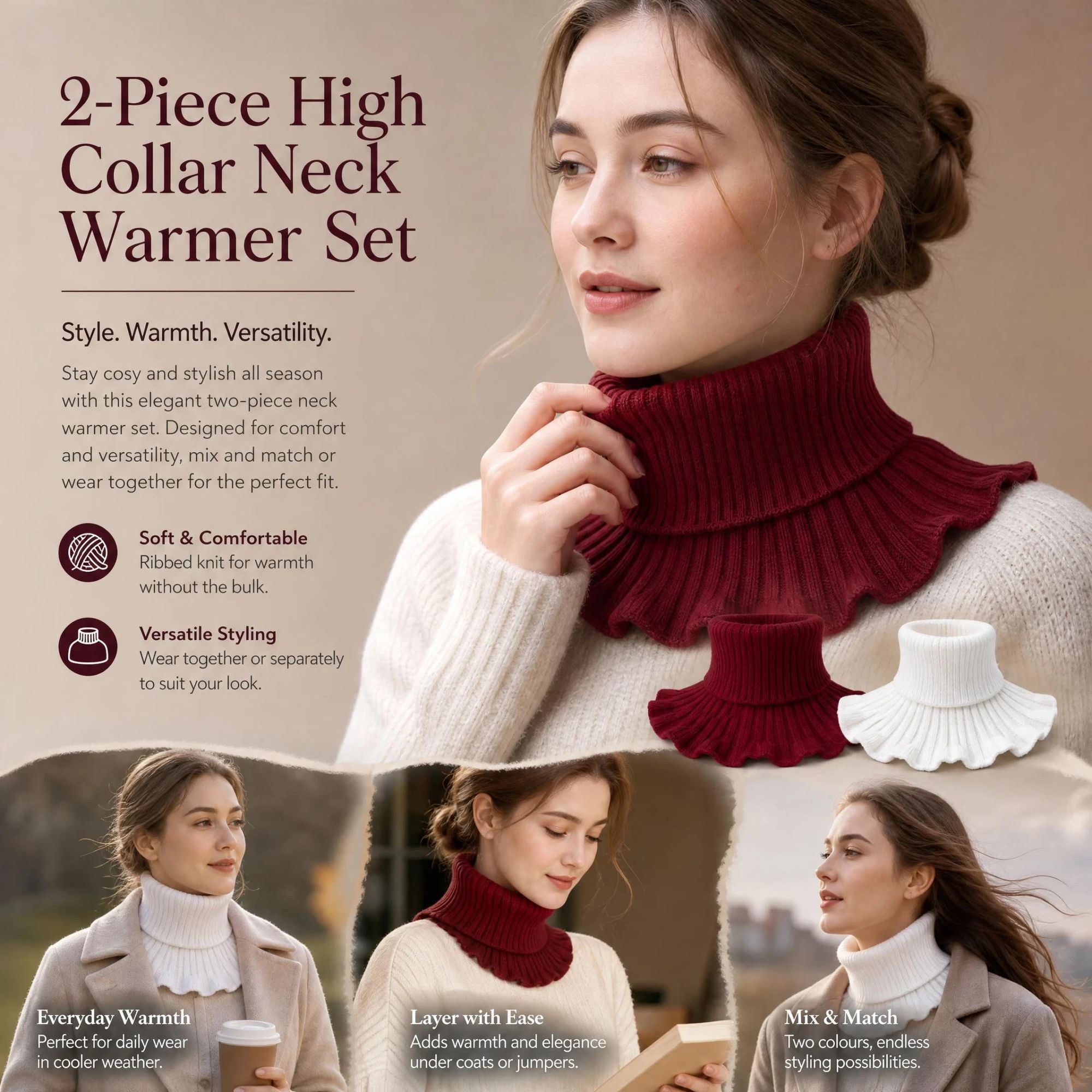 2-Pack White & Wine Red thick knitted mock neck warmers