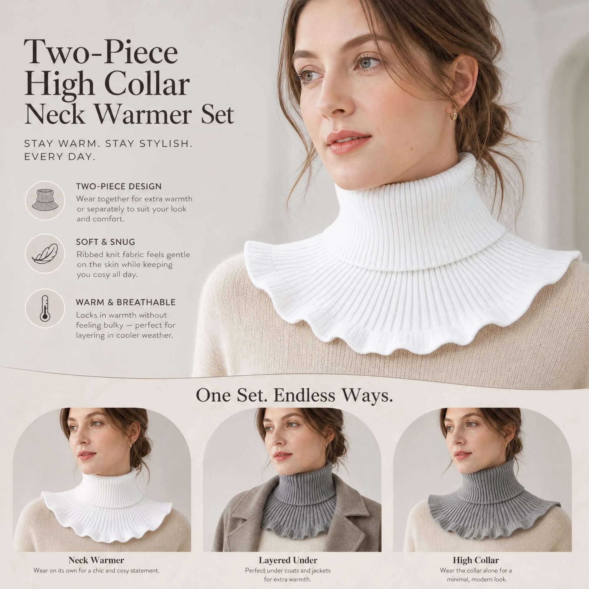 2-Pack White & Grey thick thermal neck protector set